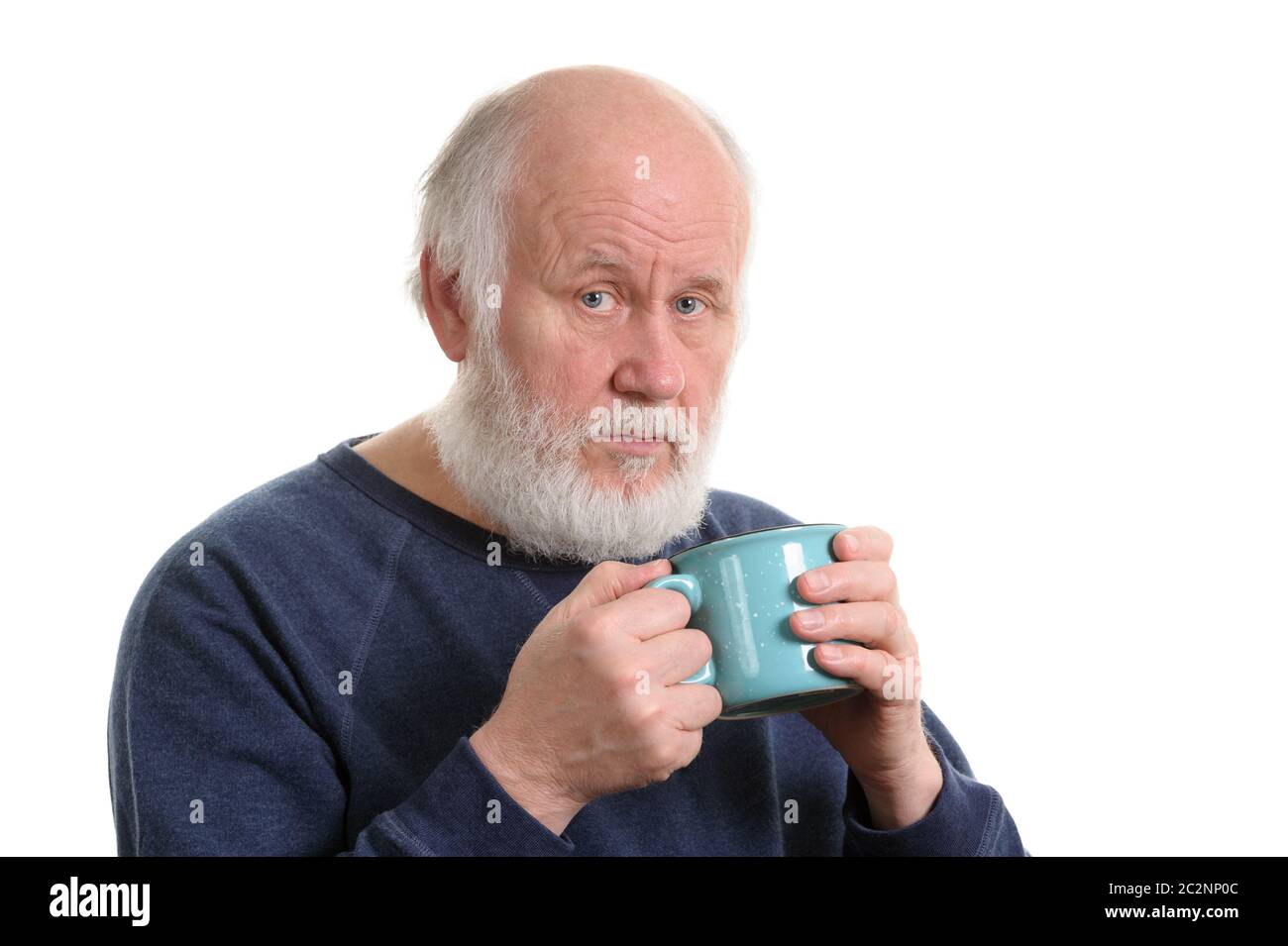 Elderly man with cup of tea or coffee isolated on white Stock Photo Alamy