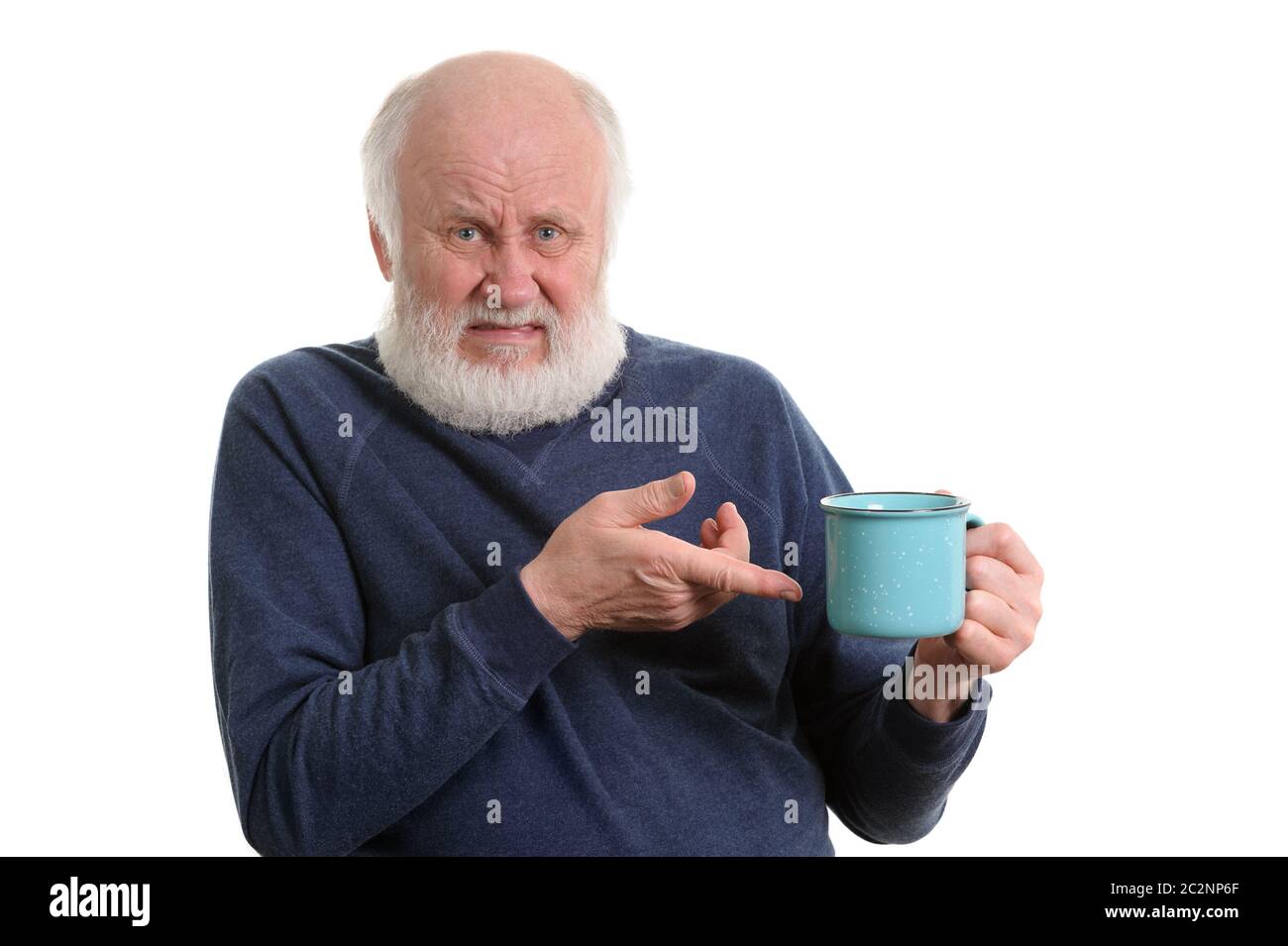 unhappy elderly man with cup of bad tea or coffee isolated on white Stock Photo