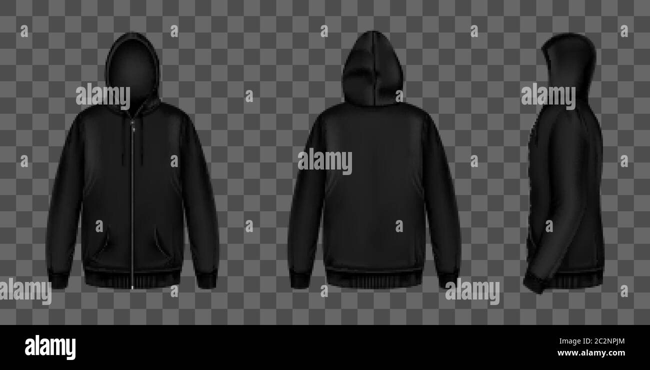 Black sweatshirt with zipper, hood and pockets front, back and side view. Vector realistic mockup of male zip hoodie with long sleeve. Warm shirt, men sport jacket isolated on transparent background Stock Vector