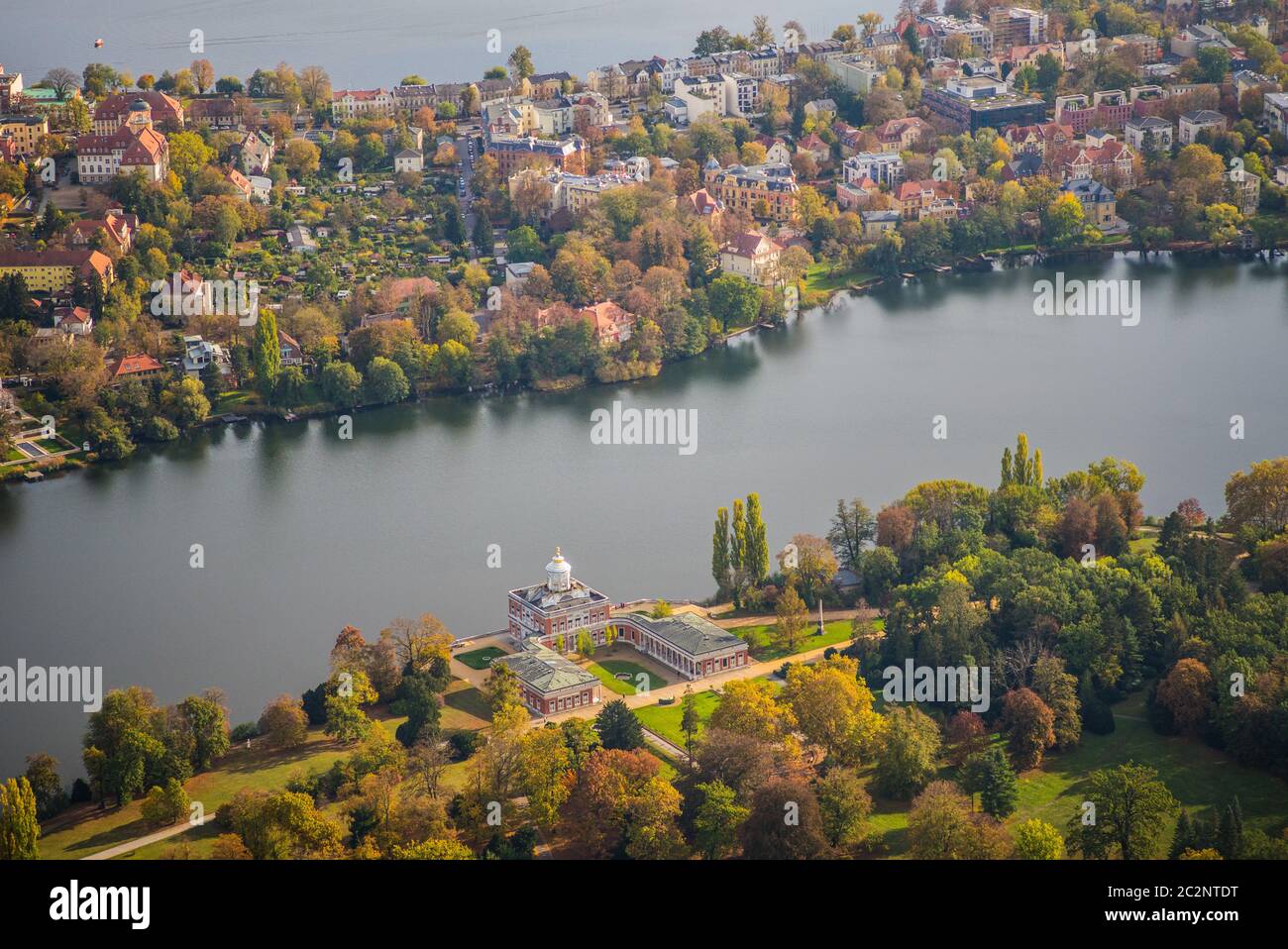 Potsdam, Germany, Marble Palace, (Marmorpalais) located at 'holy lake' (Heiliger See) in the new garden (Neuer Garten) in early autumn - aerial view Stock Photo