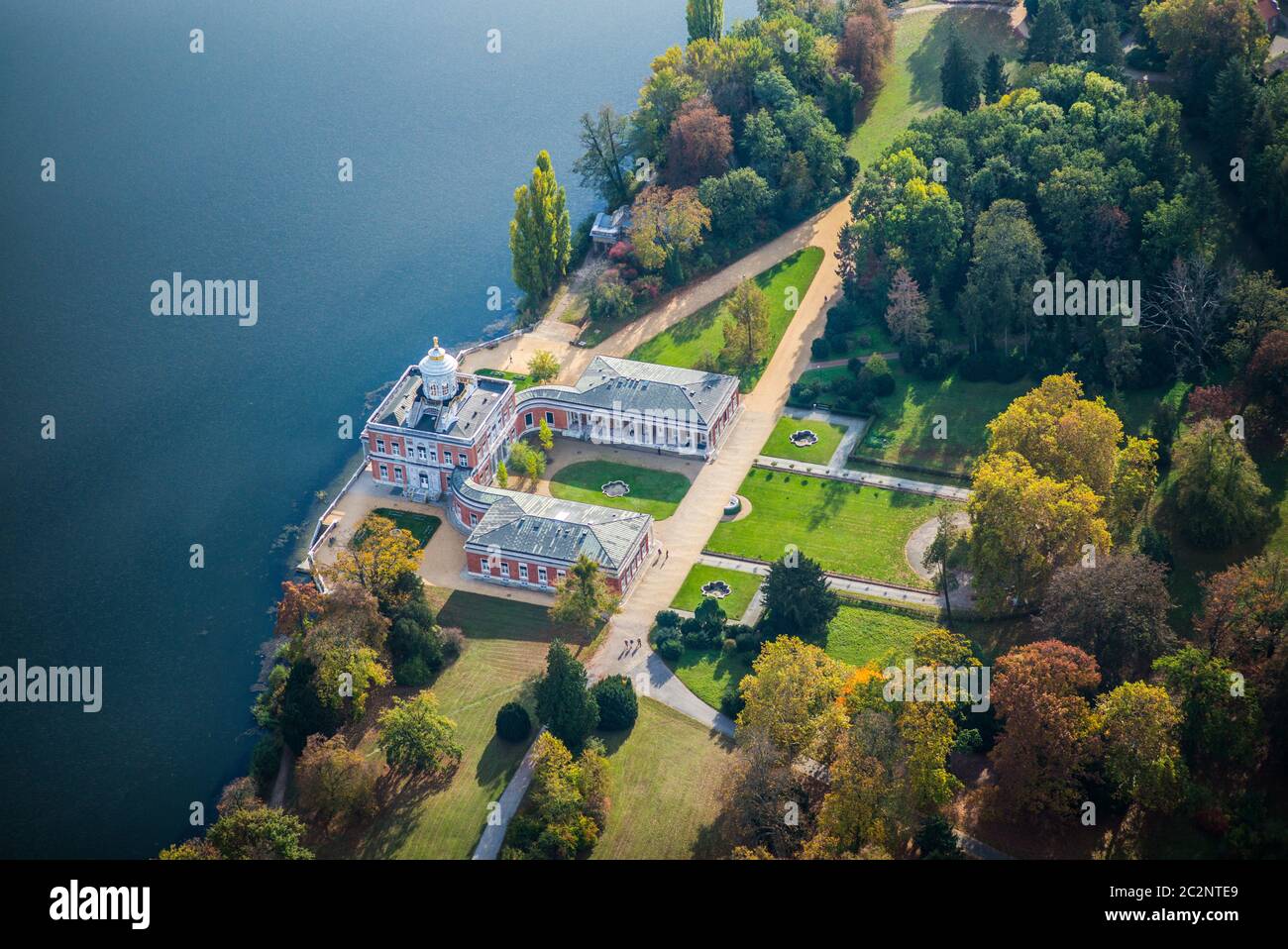 Potsdam, Germany, Marble Palace, (Marmorpalais) located at 'holy lake' (Heiliger See) in the new garden (Neuer Garten) in early autumn - aerial view Stock Photo