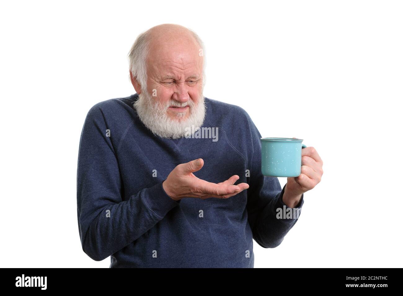 unhappy elderly man with cup of bad tea or coffee isolated on white Stock Photo