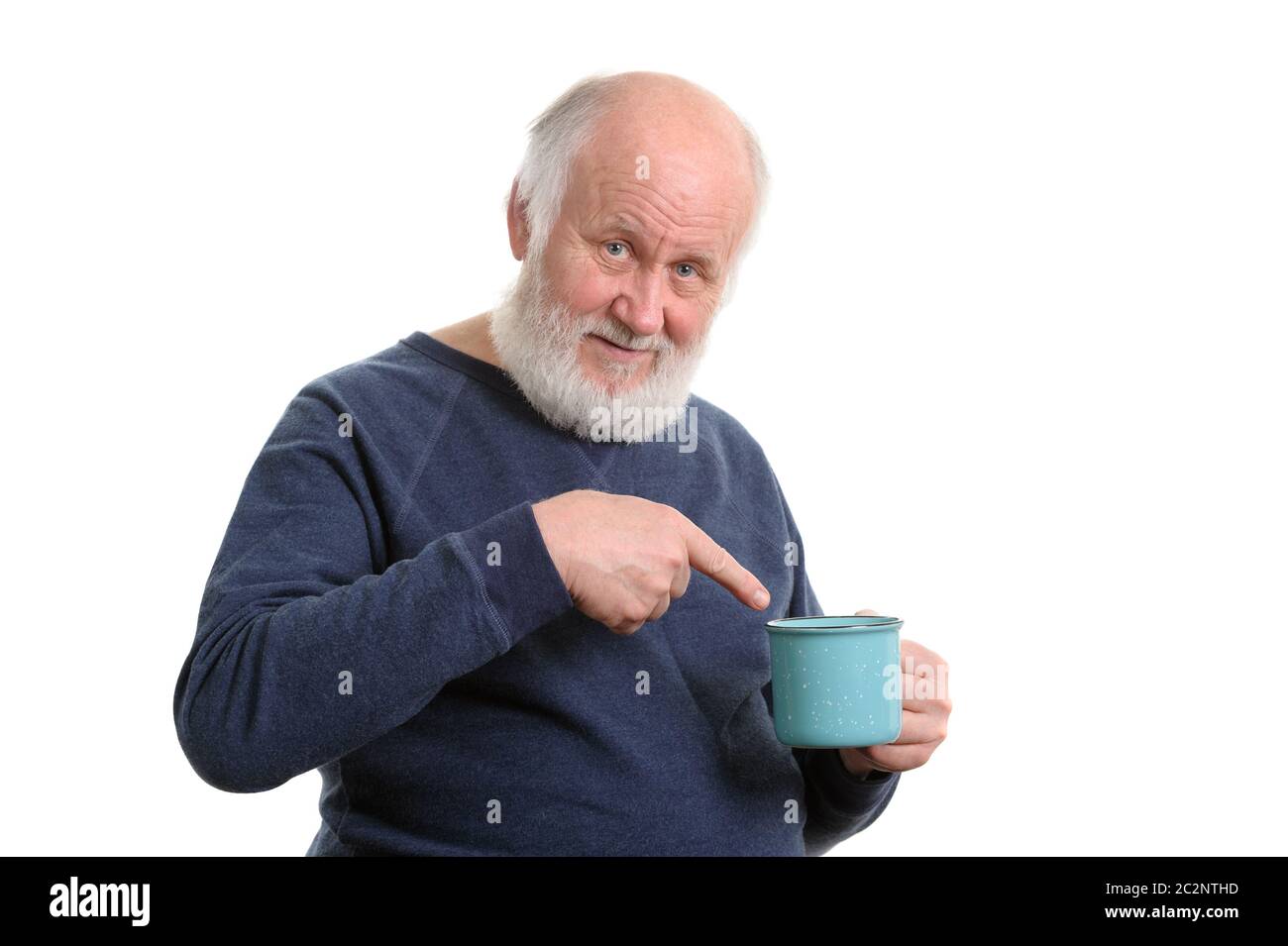unhappy elderly man with cup of bad tea or coffee isolated on white Stock Photo