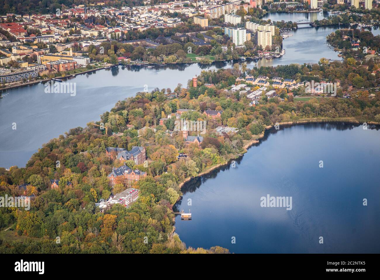 Potsdam, Germany, Peninsula Hermannswerder,  Templin suburb from city of Potsdam, (Templiner Vorstadt) surrounds by river Havel during early autumn Stock Photo