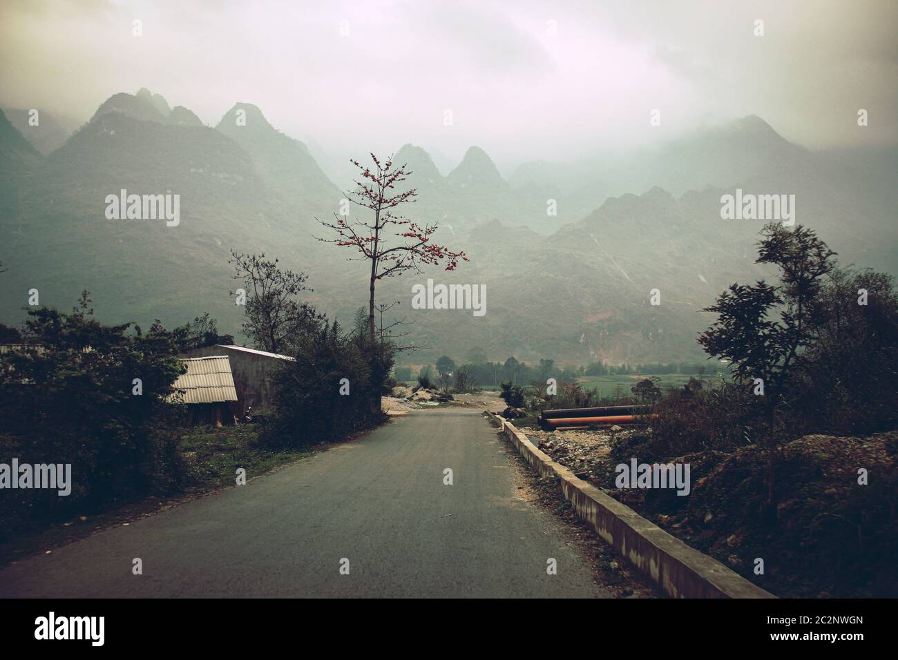 Dark and moody cinematic scenery of the fog covered mountain road in Meo vac, Ha giang Province in North Vietnam Stock Photo