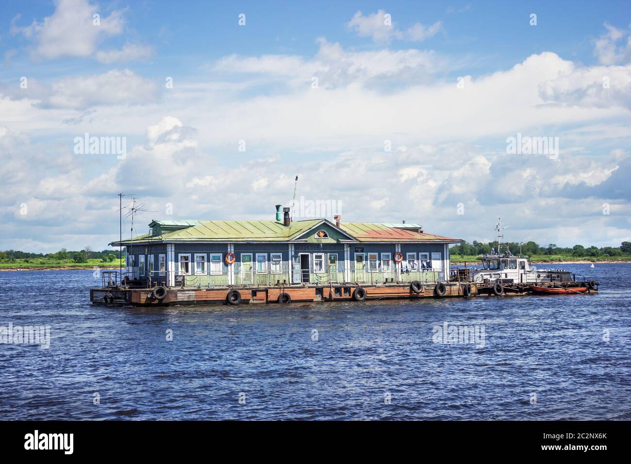 Old the landing-stage at anchor on the Volga Stock Photo