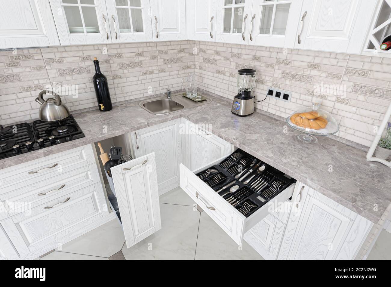 modern white wooden kitchen interior Stock Photo