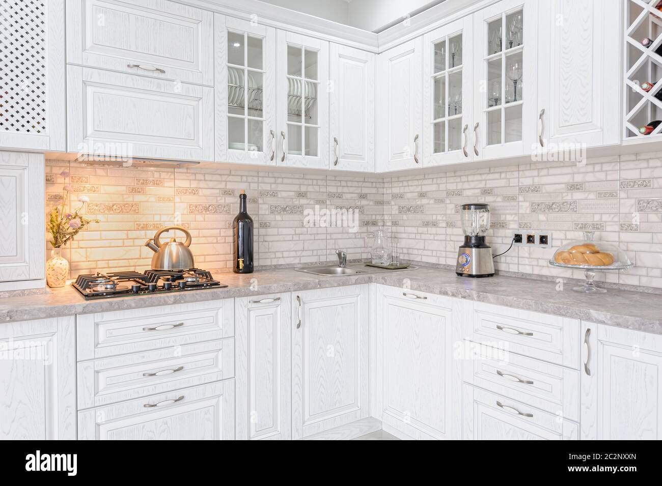 modern white wooden kitchen interior Stock Photo