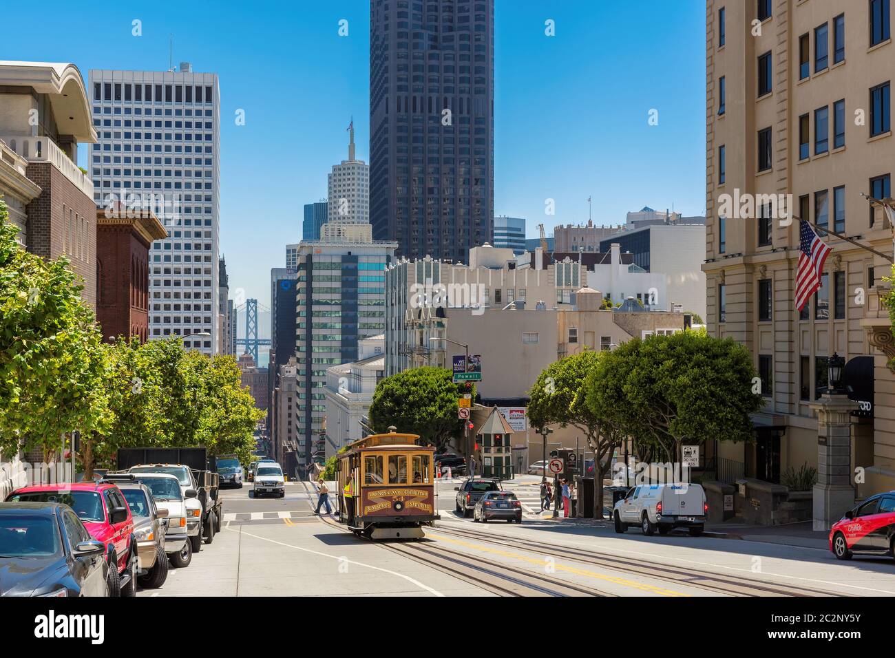 Cable cars in San Francisco street, California Stock Photo