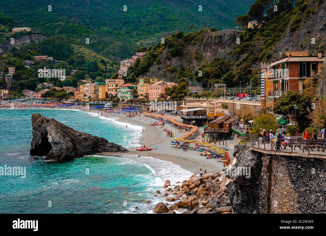 Monterosso al Mare / Italy - May 28 2018: View of the beach. Monterosso is the westernmost of the Cinque Terre, a national park protected by Unesco. Stock Photo