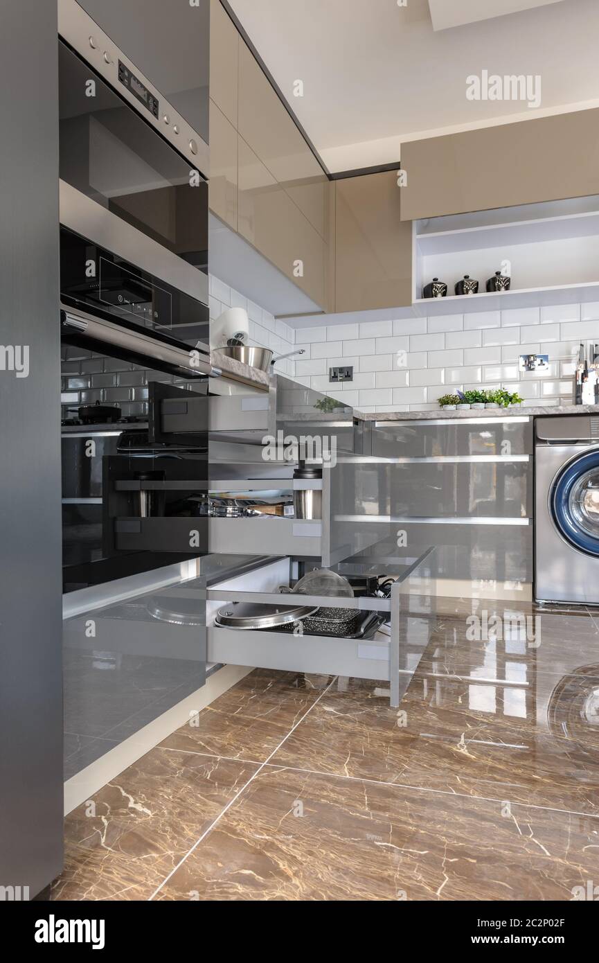 Luxury modern white, beige and grey kitchen interior Stock Photo