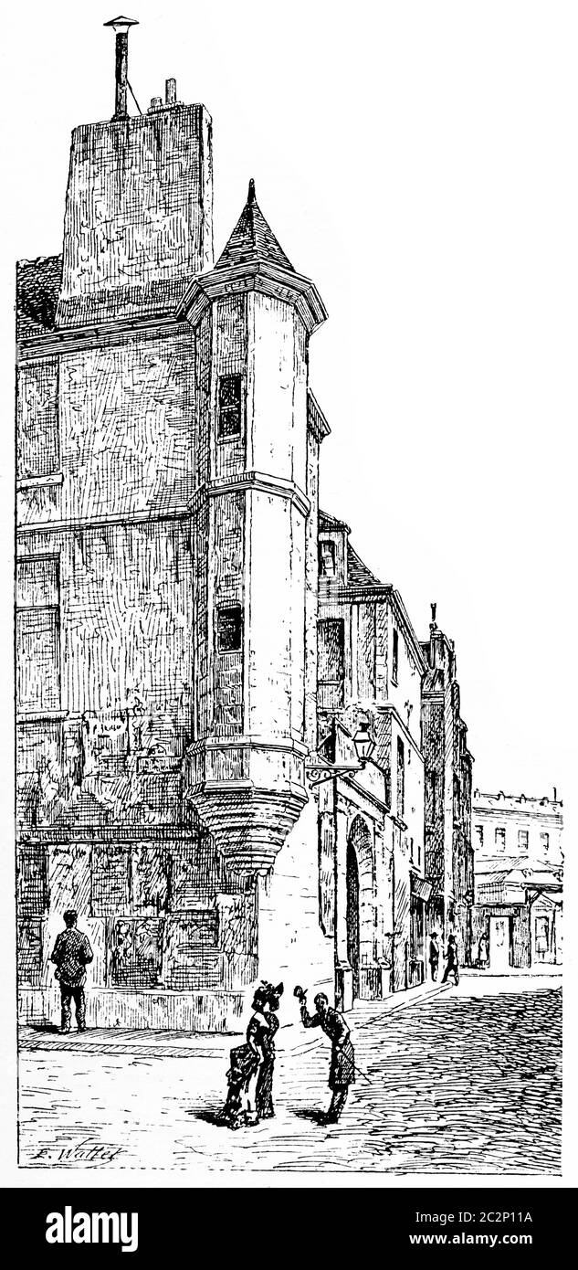 Prismatic tower at rue Pierre-Sarrazin, vintage engraved illustration. Paris - Auguste VITU – 1890. Stock Photo