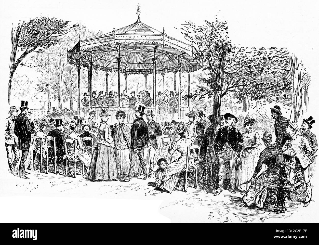 Military Music in the Luxembourg Gardens, vintage engraved illustration. Paris - Auguste VITU – 1890. Stock Photo