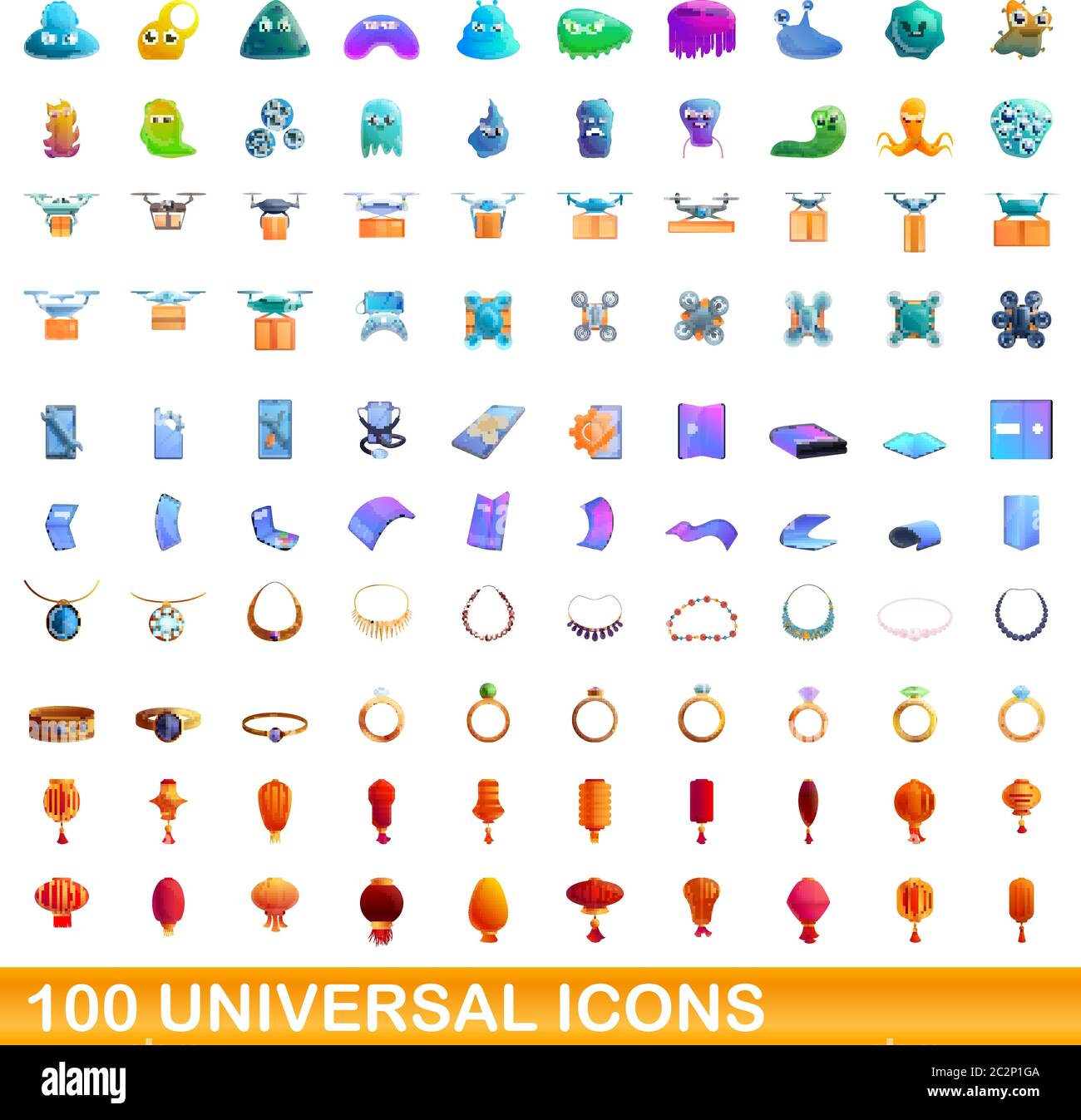 100 universal icons set. Cartoon illustration of 100 universal icons ...