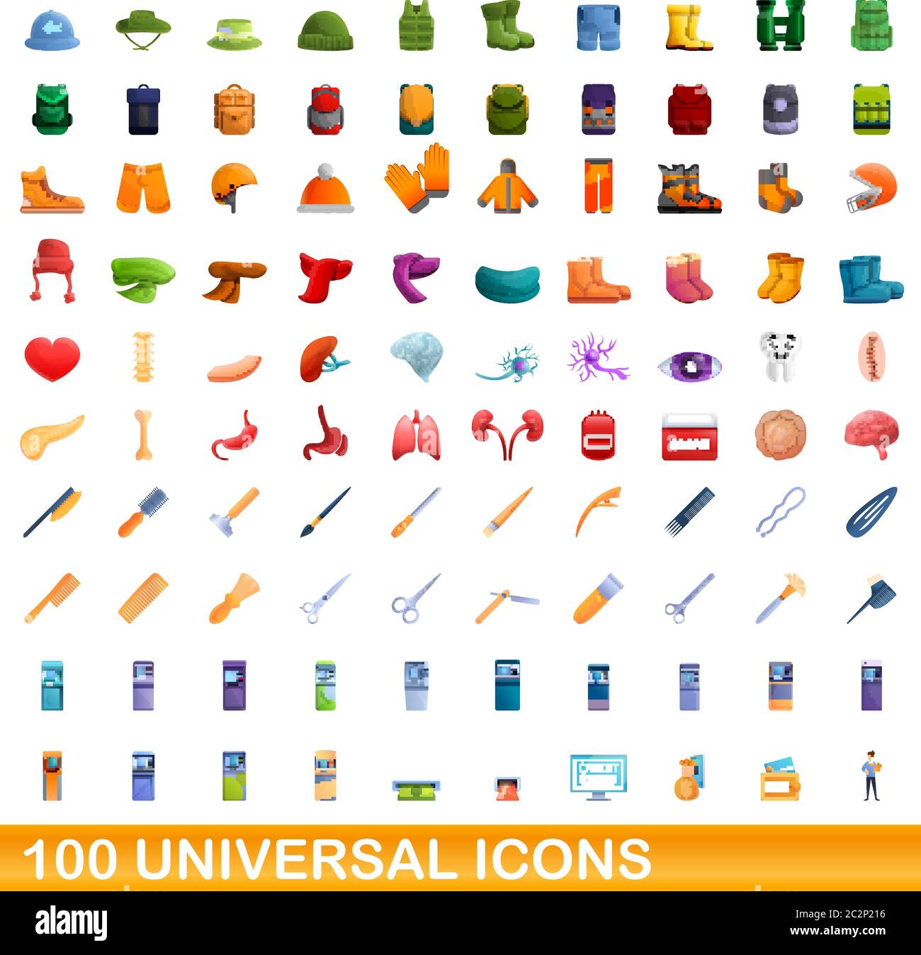 100 universal icons set. Cartoon illustration of 100 universal icons ...