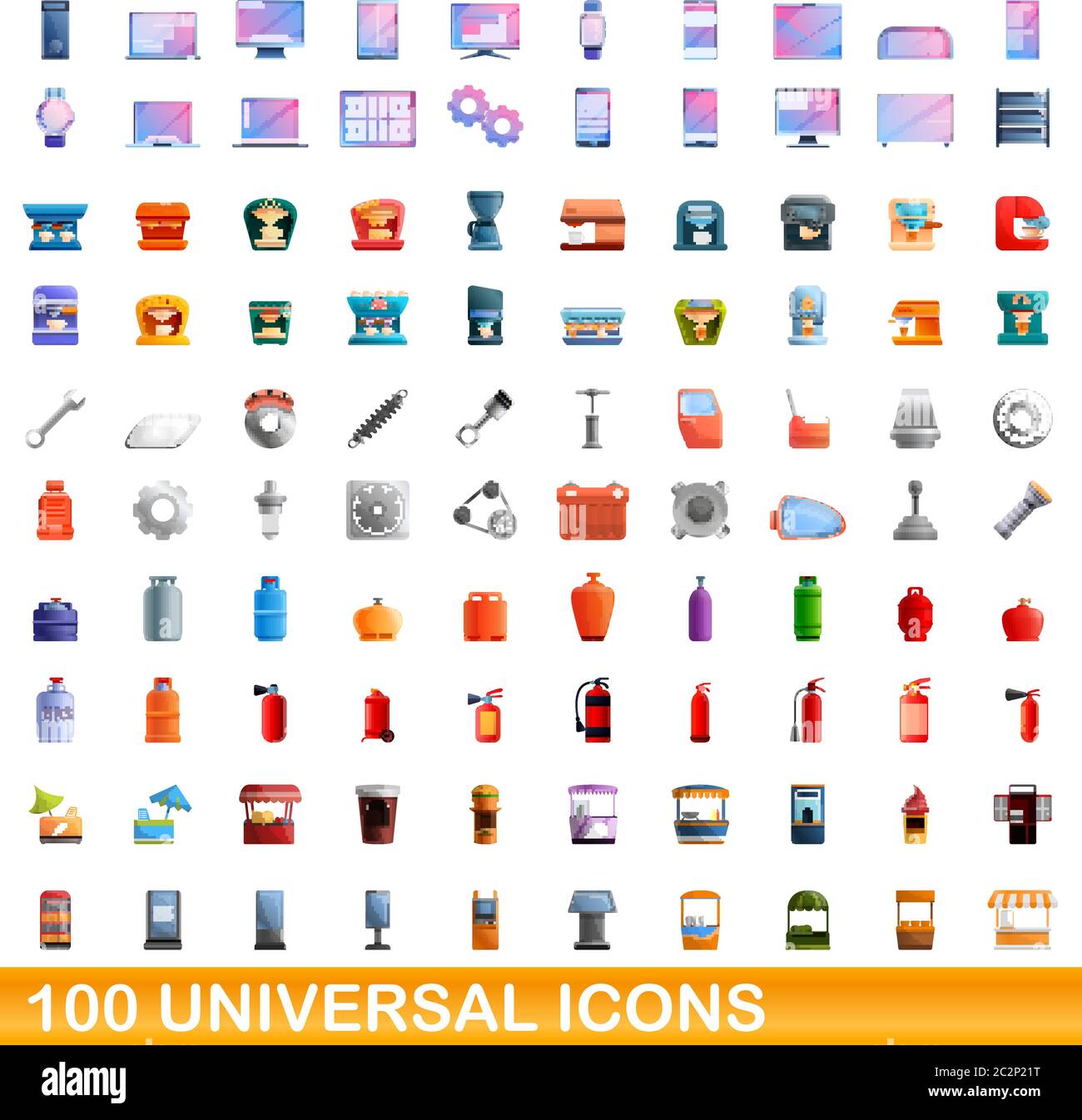 100 universal icons set. Cartoon illustration of 100 universal icons ...