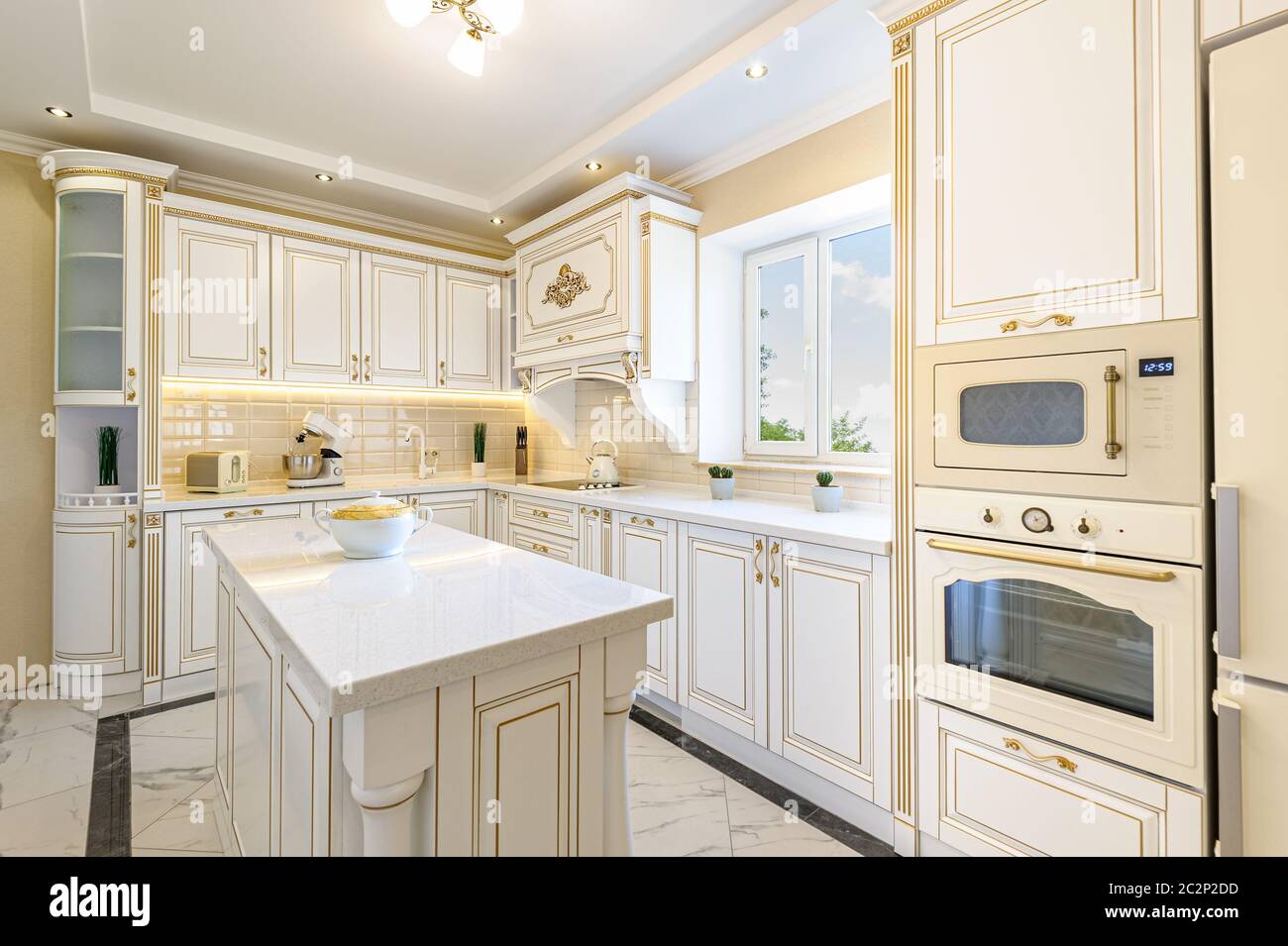 neoclassic style luxury kitchen interior with island Stock Photo