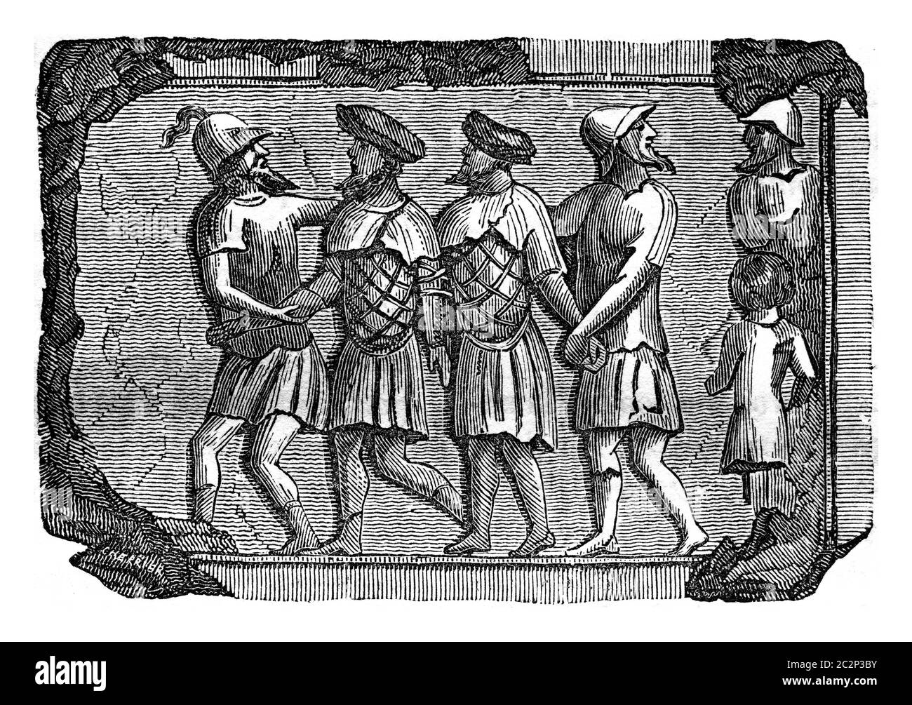 Bas-relief of the facts Bretons prisoners lags Antique Cabinet, vintage engraved illustration. Colorful History of England, 1837. Stock Photo