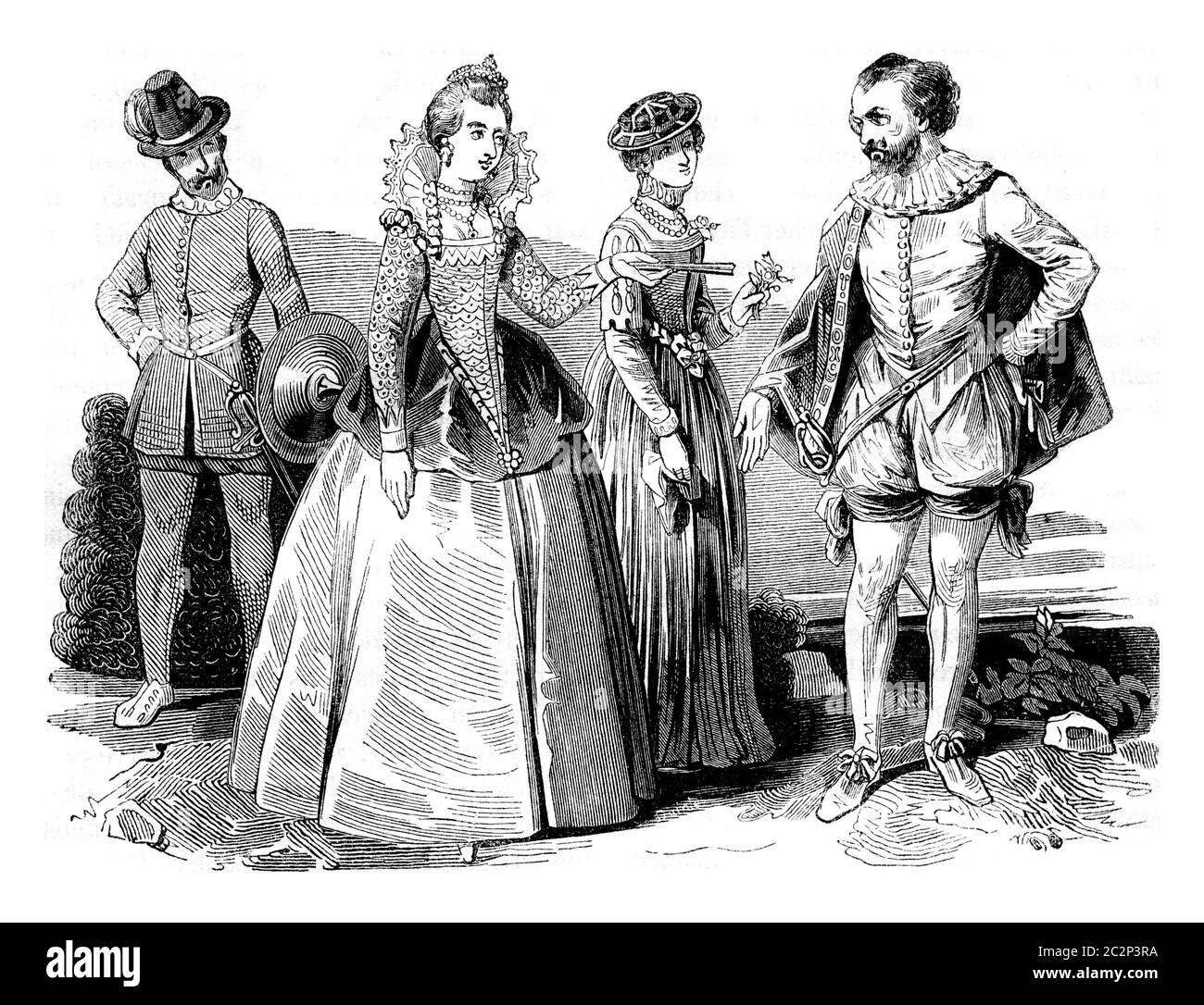 Costumes Elizabethan (1565-1569), vintage engraved illustration. Colorful History of England, 1837. Stock Photo