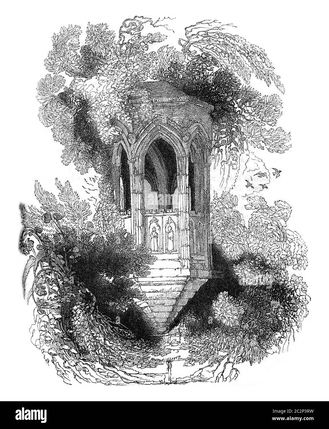 Ruins of a stone pulpit, located in the gardens of the Abbey Shrewsbury, Shropshire, vintage engraved illustration. Colorful History of England, 1837. Stock Photo