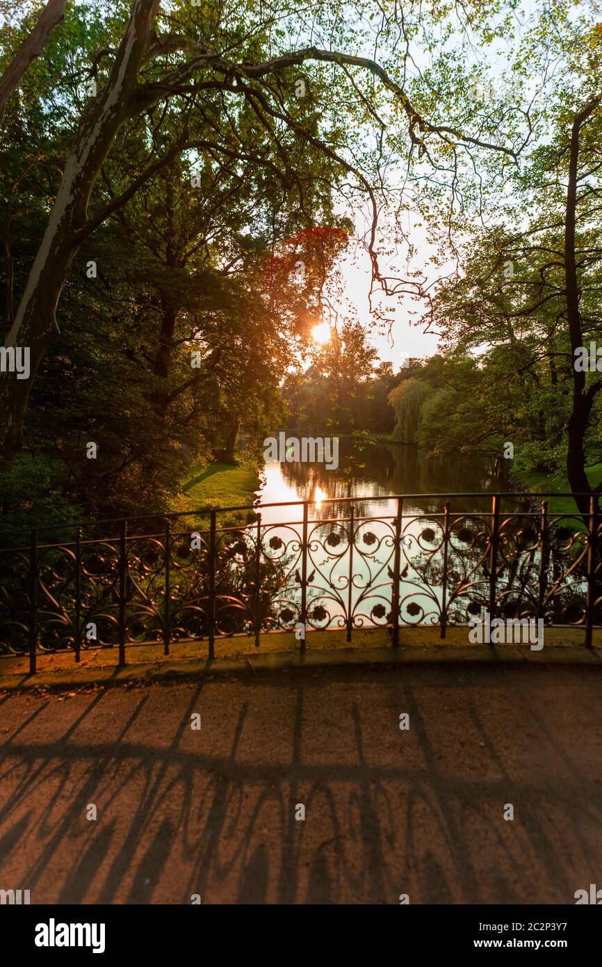 Small bridge over river in forest on sunset background Stock Photo