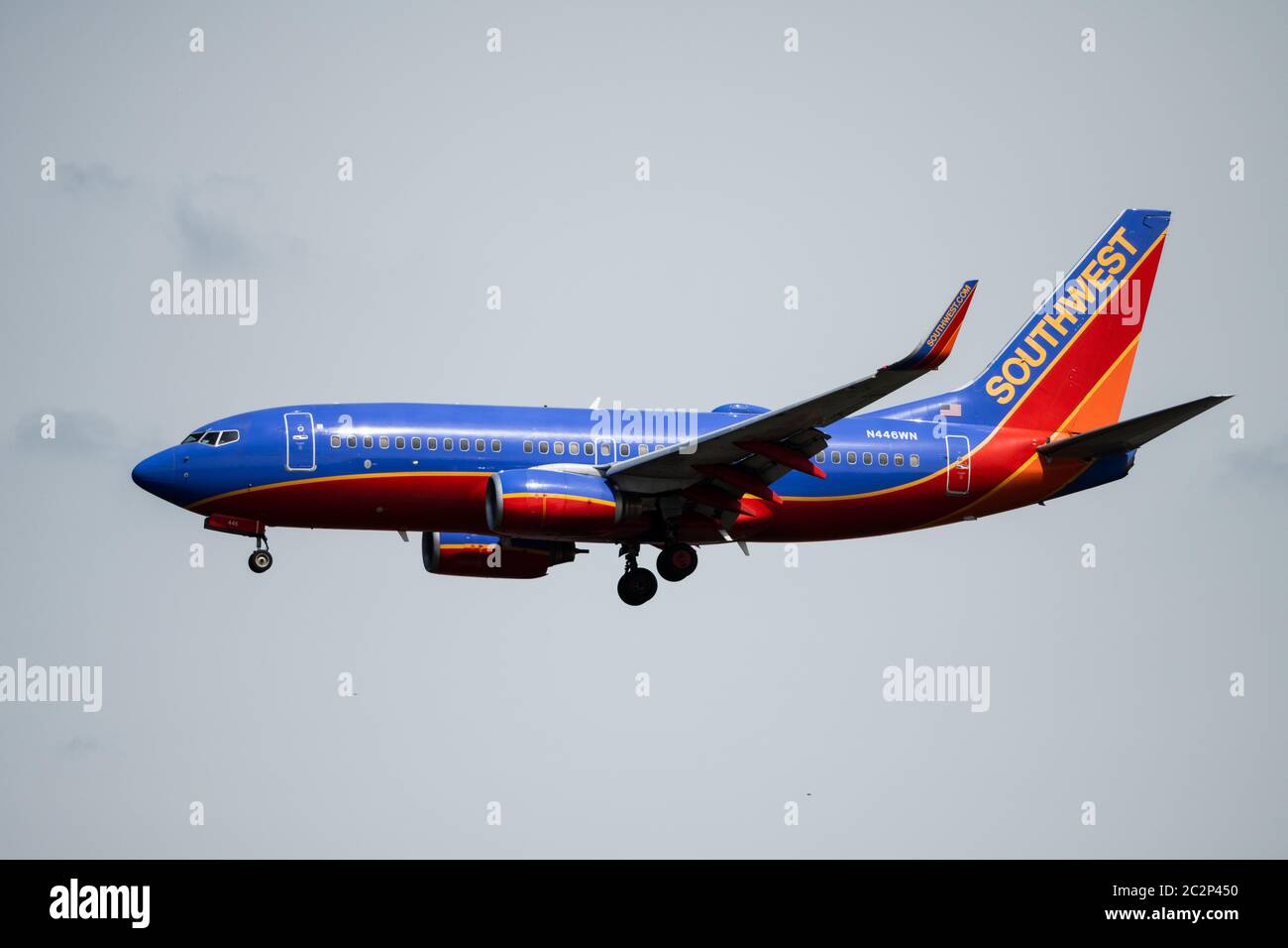 A Southwest Airlines Boeing 737-7H4 landing at Ronald Reagan Washington National Airport (DCA). Stock Photo