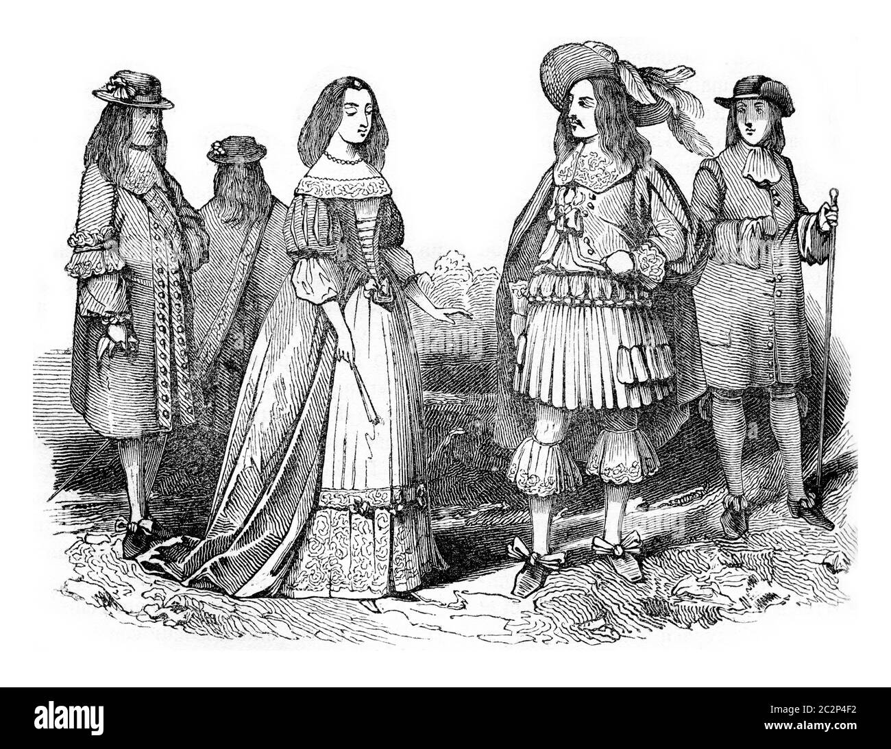 King Charles II and Queen, vintage engraved illustration. Colorful History of England, 1837. Stock Photo
