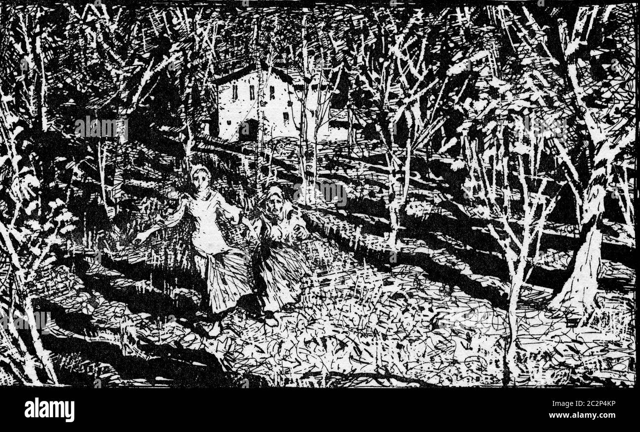 They hurried away as quickly as they could, vintage engraved illustration. Stock Photo