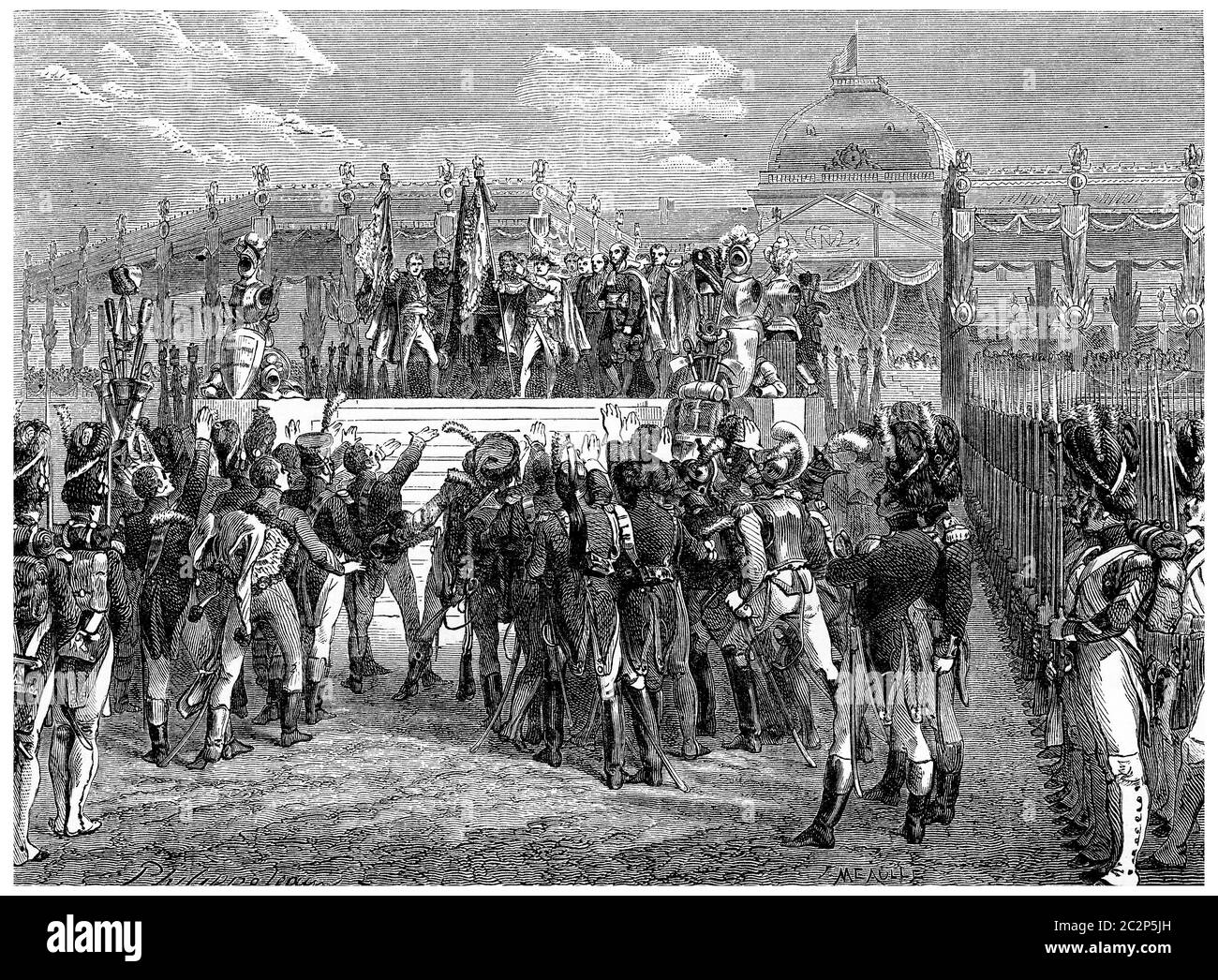 The Champ de Mai distribution flags, vintage engraved illustration. History of France – 1885. Stock Photo