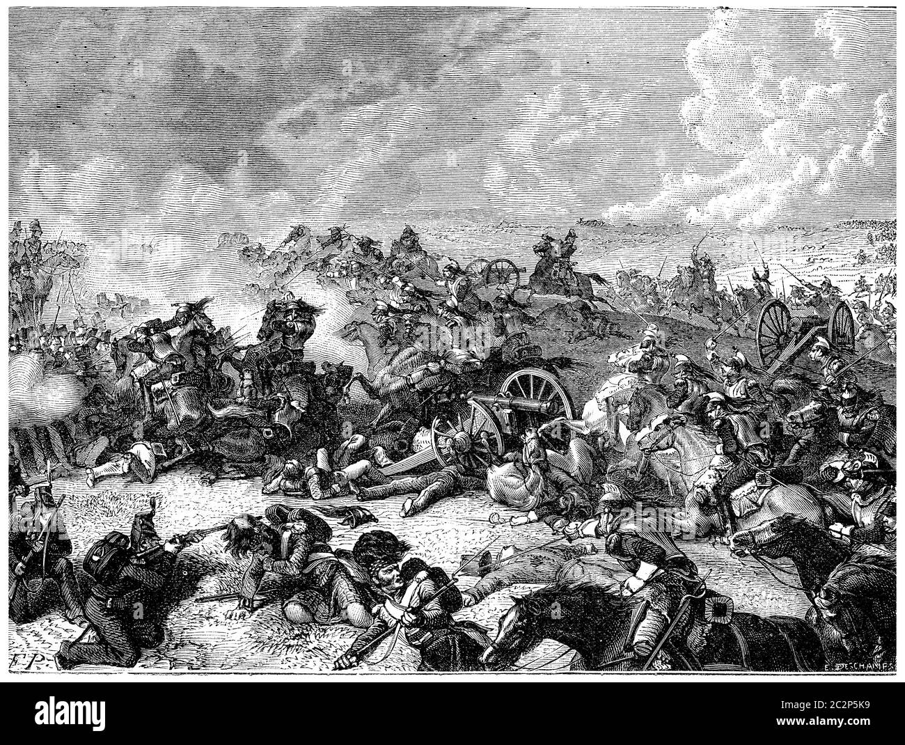 Battle of Waterloo Ney charge the land of cuirassiers, vintage engraved