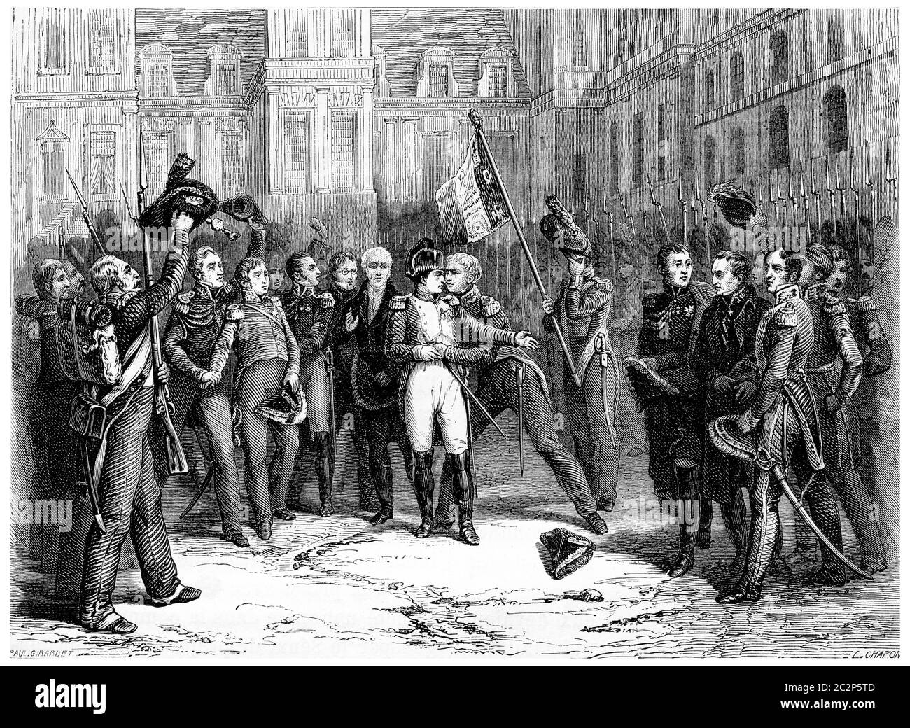 Farewell at Fontainebleau, vintage engraved illustration. History of