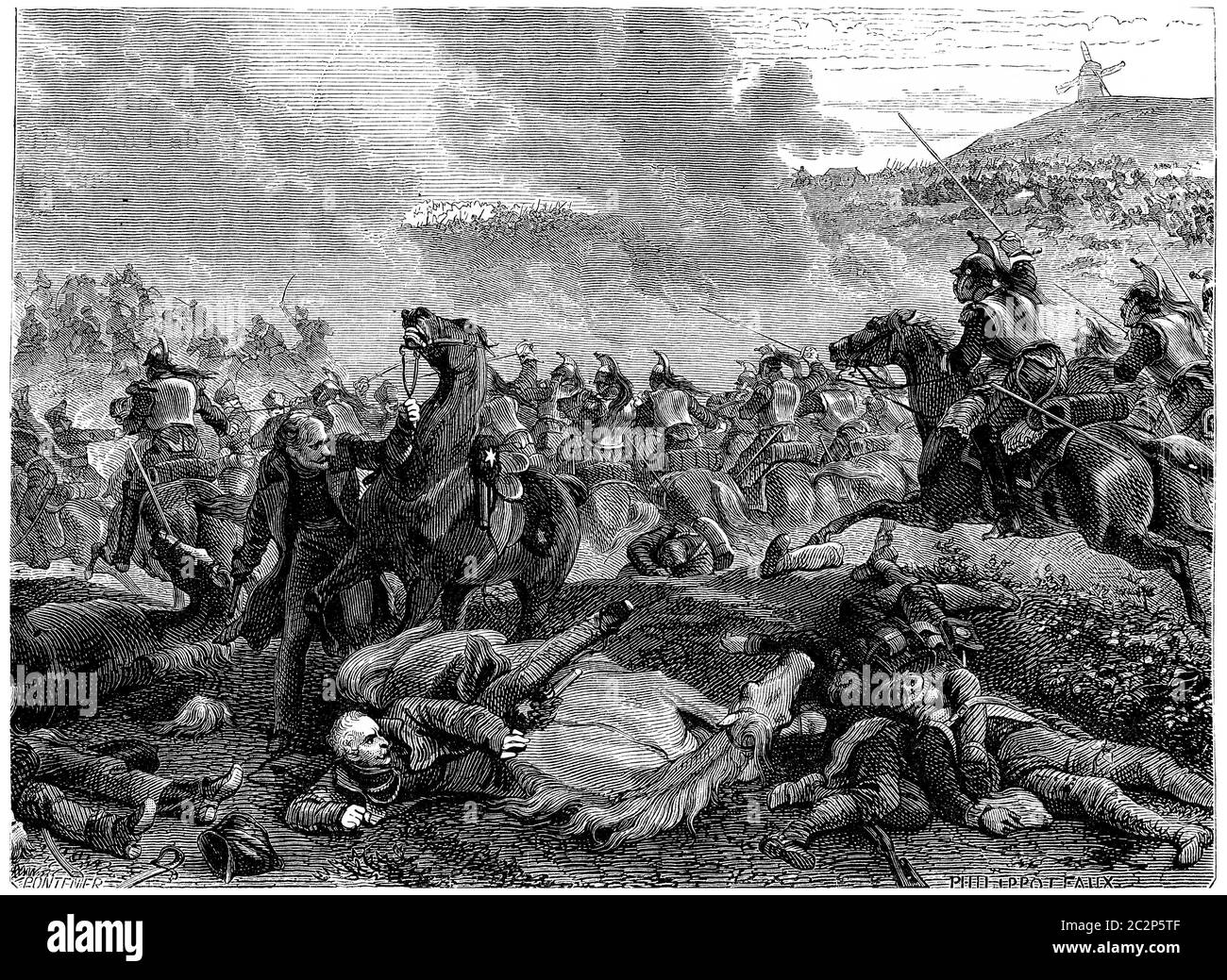 Pin the Battle of Ligny, Blucher overthrown by the charge of cuirassiers, vintage engraved illustration. History of France – 1885. Stock Photo
