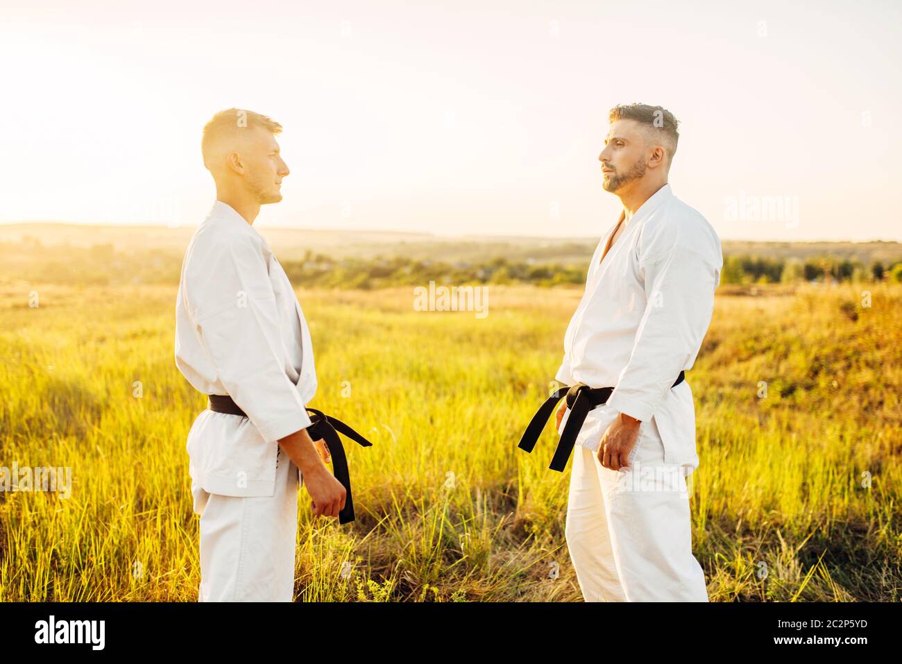Two karate fighters with black belts on training fight in summer field