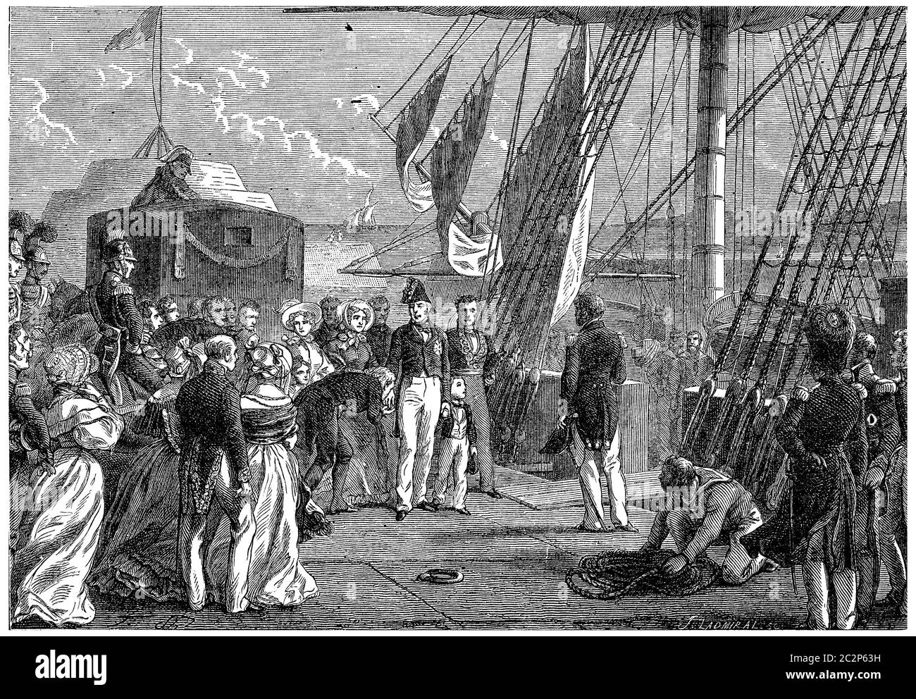 Charles X sailed from Cherbourg, vintage engraved illustration. History of France – 1885. Stock Photo