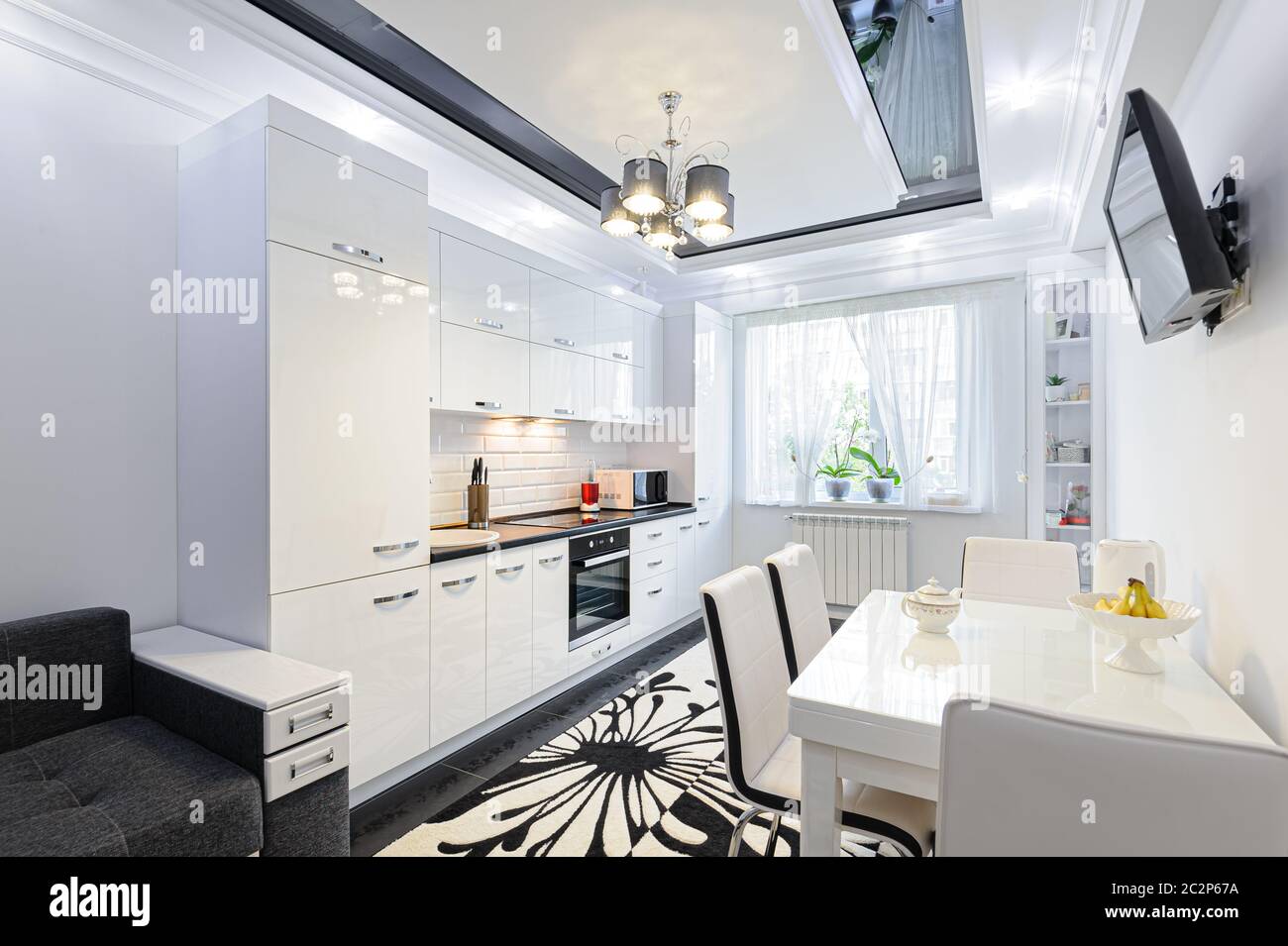 Luxury modern black and white kitchen interior Stock Photo