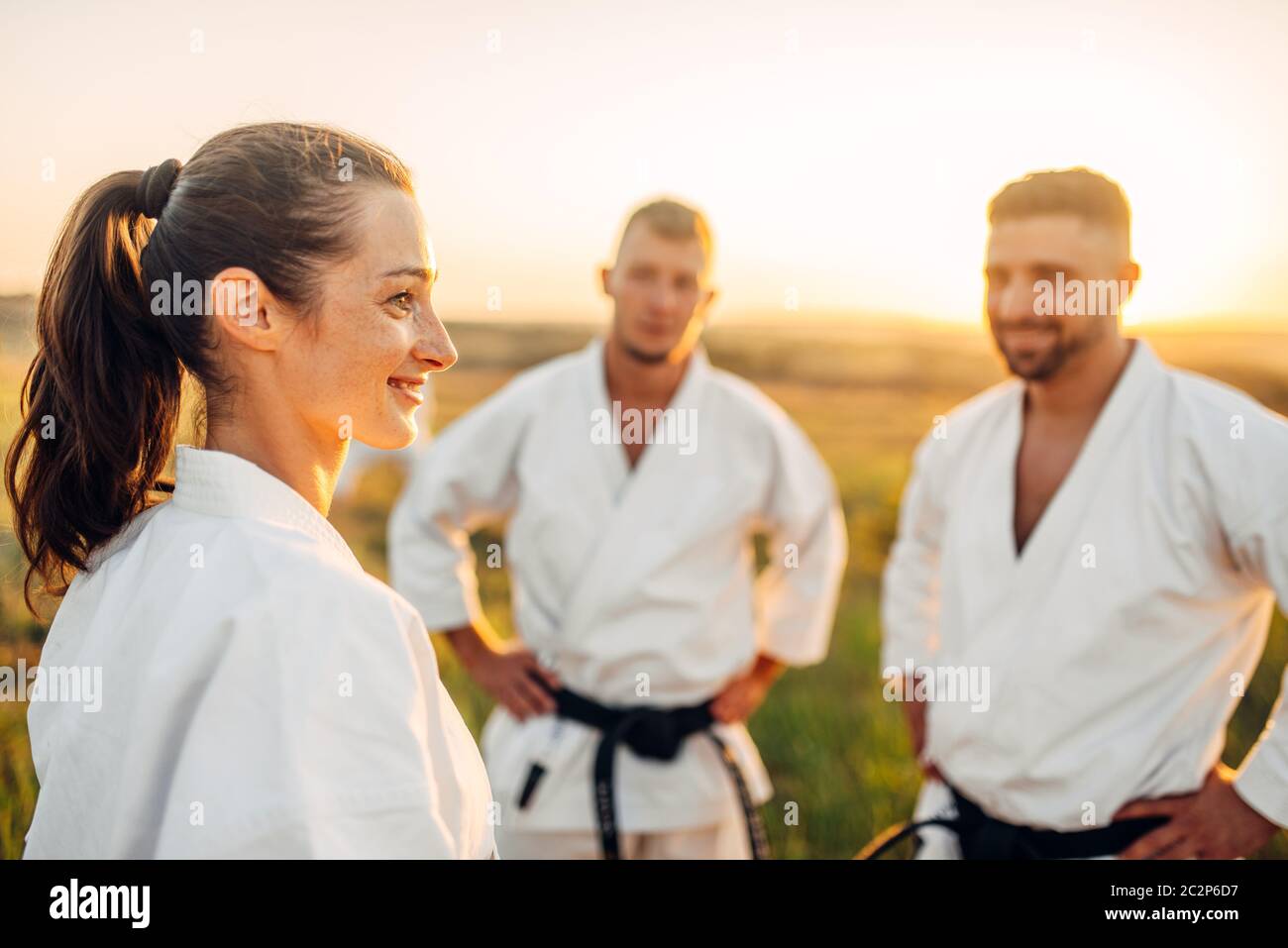 Two male and one female karate fighters on training in summer field. Martial art workout outdoor, technique practice Stock Photo