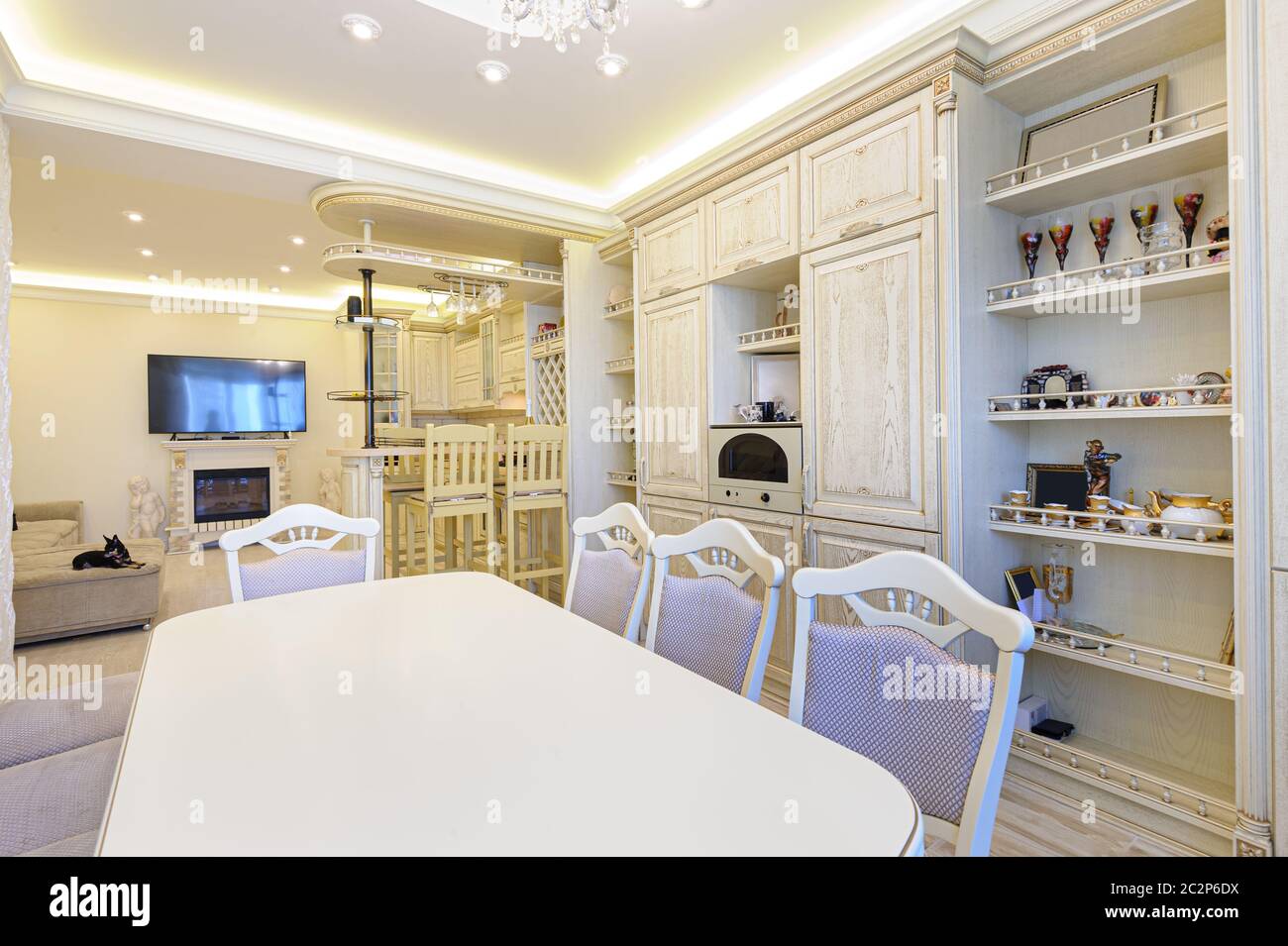 Luxury modern beige kitchen interior Stock Photo