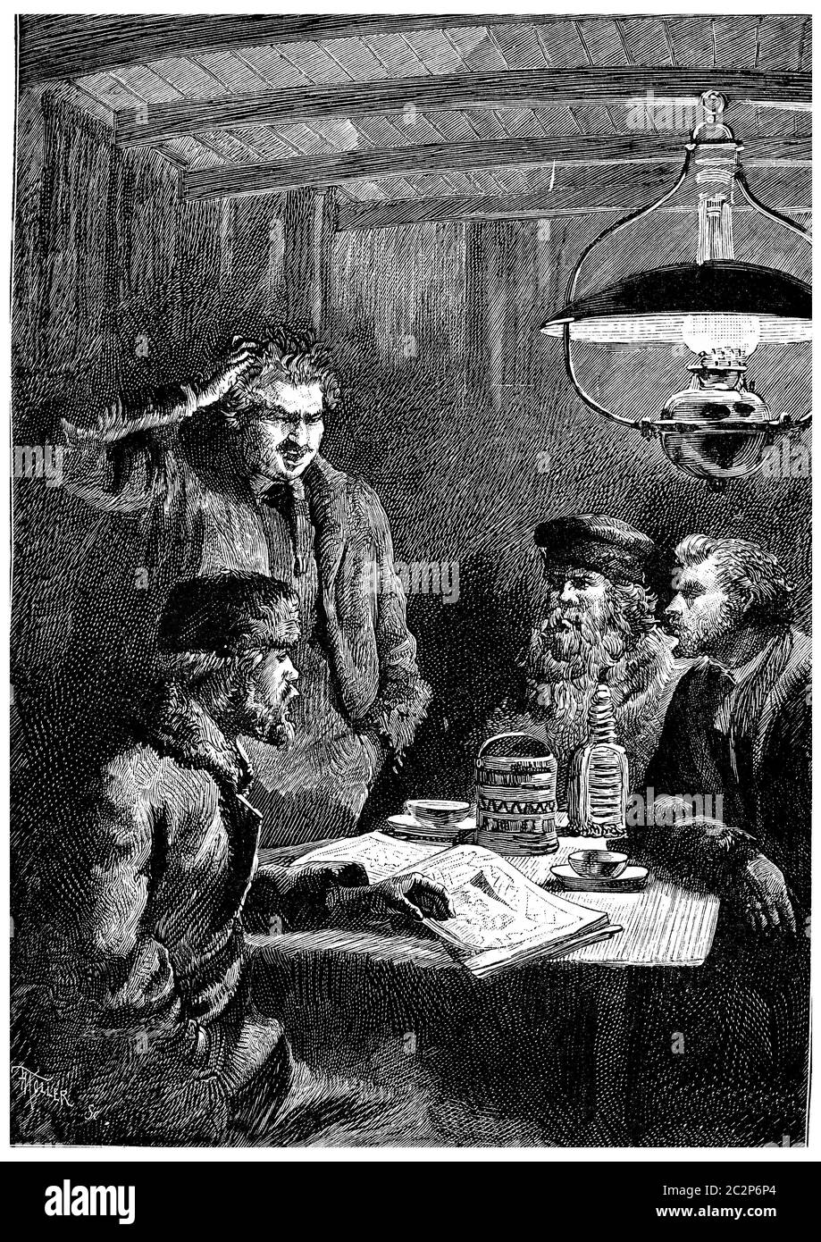 Cascabel scratches his head in hair pulling, vintage engraved illustration. Jules Verne Cesar Cascabel, 1890. Stock Photo