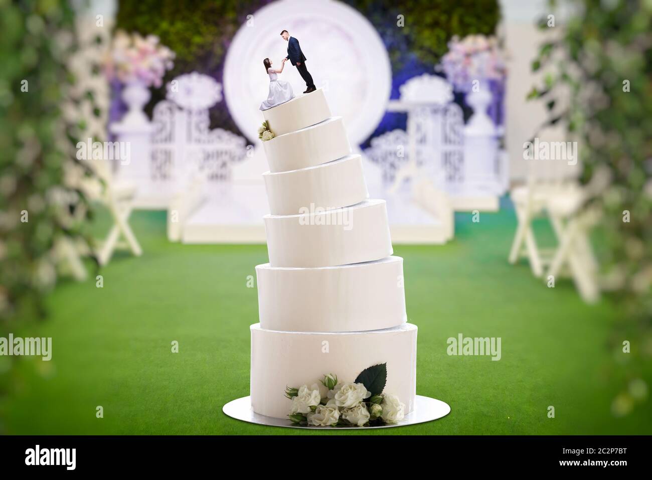 Wedding cake with bride and groom figures on the top, marriage proposal ...