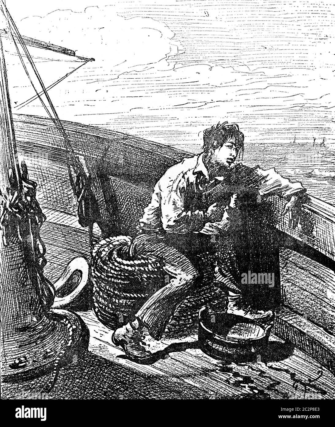 Robinsons of Guyana. The Parisian was seasick, vintage engraved illustration. Journal des Voyage, Travel Journal, (1880-81). Stock Photo
