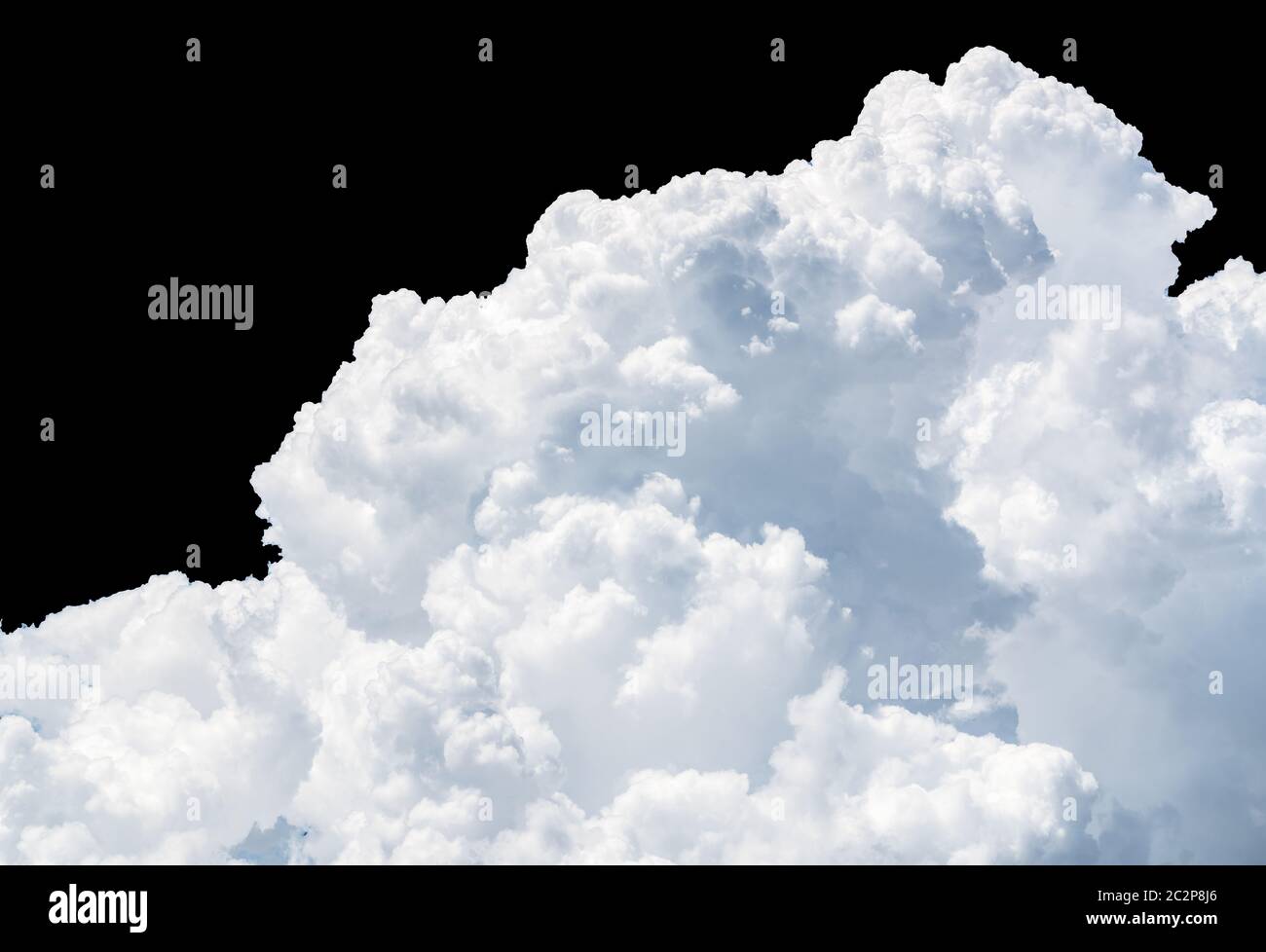 Pure white cumulus clouds on black background. Cloudscape background. White fluffy clouds on dark background. Soft cotton feel of white clouds texture Stock Photo