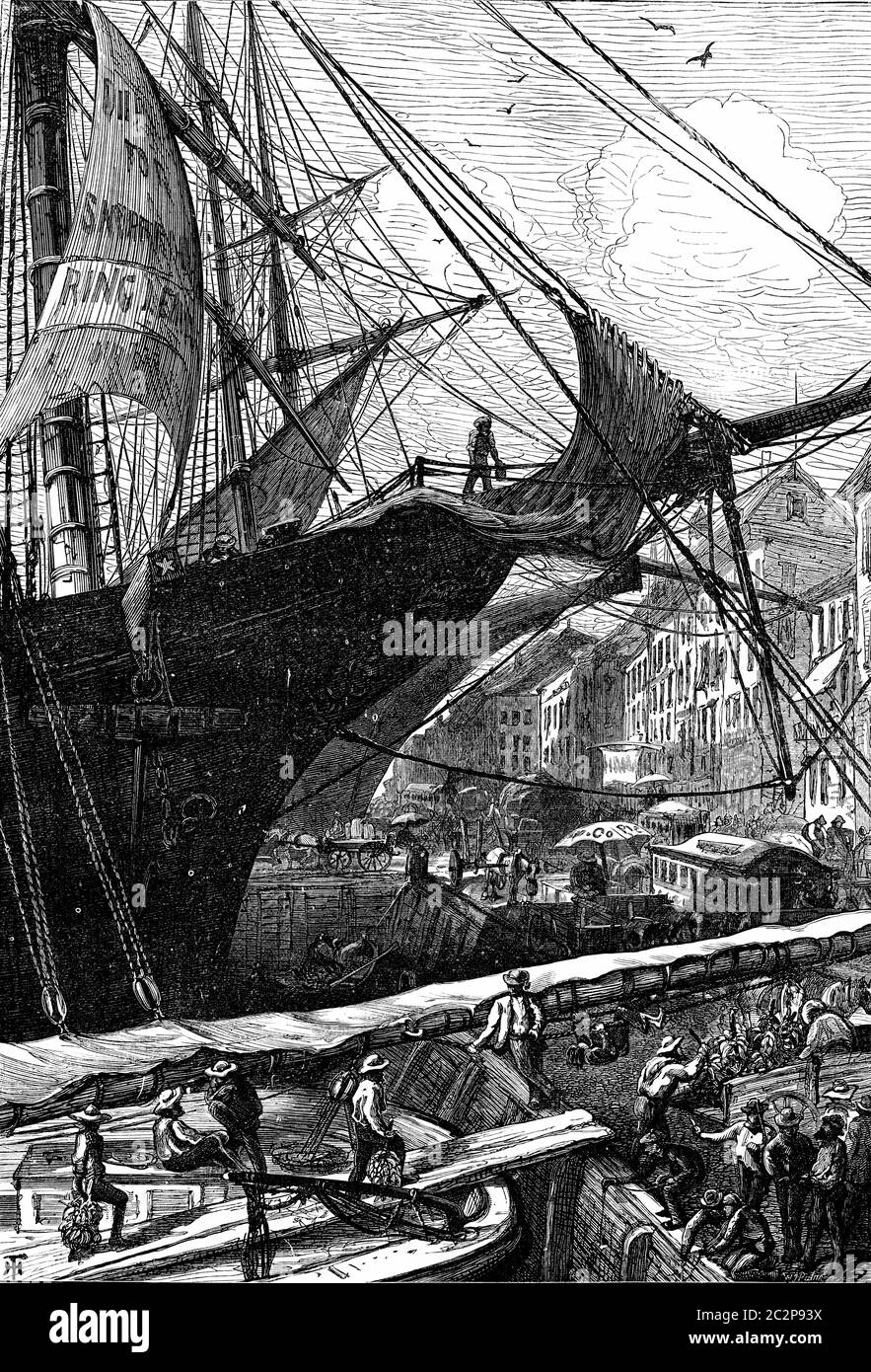 One of the docks of New York, vintage engraved illustration. Journal des Voyage, Travel Journal, (1880-81). Stock Photo