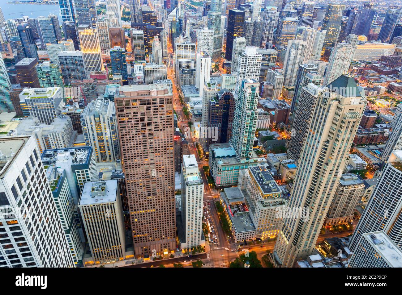 Aerial view of Chicago downtown at sunset from high above, Illinois USA ...