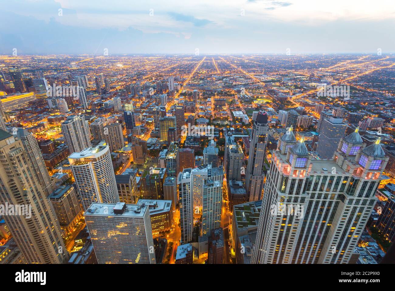 Aerial view of Chicago downtown at sunset from high above, Illinois USA ...
