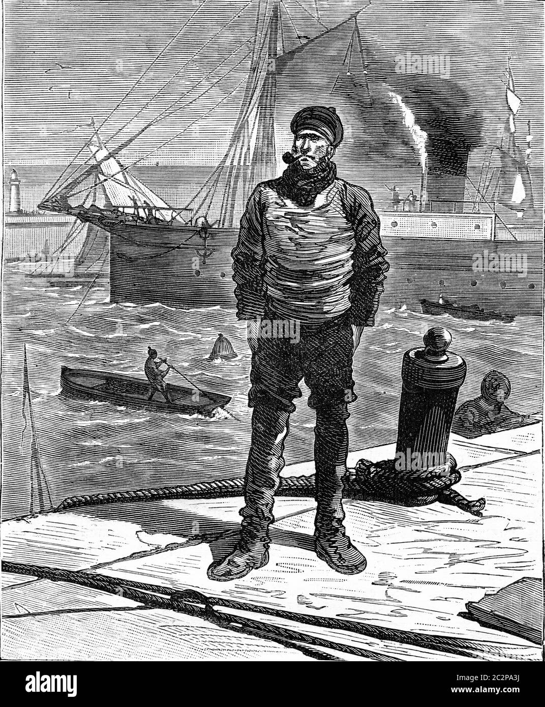 A tour of France with a little boy from Paris. The Captain of the ship. From Travel Diaries, vintage engraving, 1884-85. Stock Photo