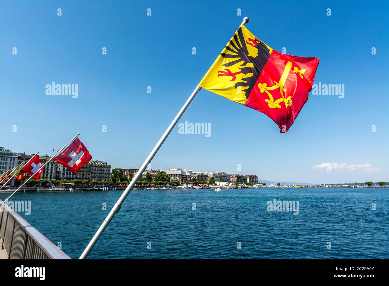 Geneva flag on Mont Blanc Bridge, Vaud Canton, Switzerland Stock Photo