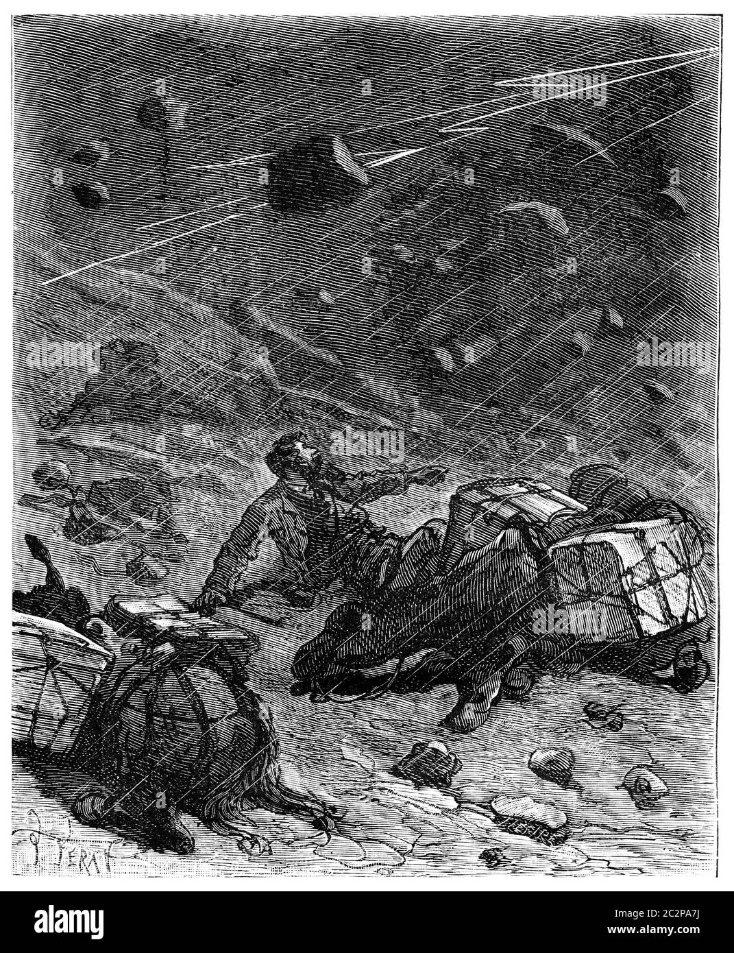 The vortex of wind and rain the terrace in mules, vintage engraved  illustration. Journal des Voyage, Travel Journal, (1880-81 Stock Photo -  Alamy