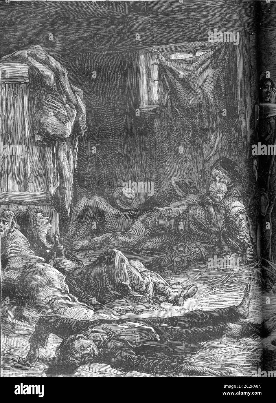 Aftermath of a brawl in a flophouse in London. From Travel Diaries, vintage engraving, 1884-85. Stock Photo