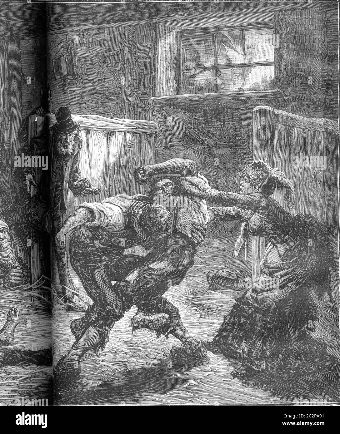 A brawl in a flophouse in London. The woman and her companions called for help. From Travel Diaries, vintage engraving, 1884-85. Stock Photo