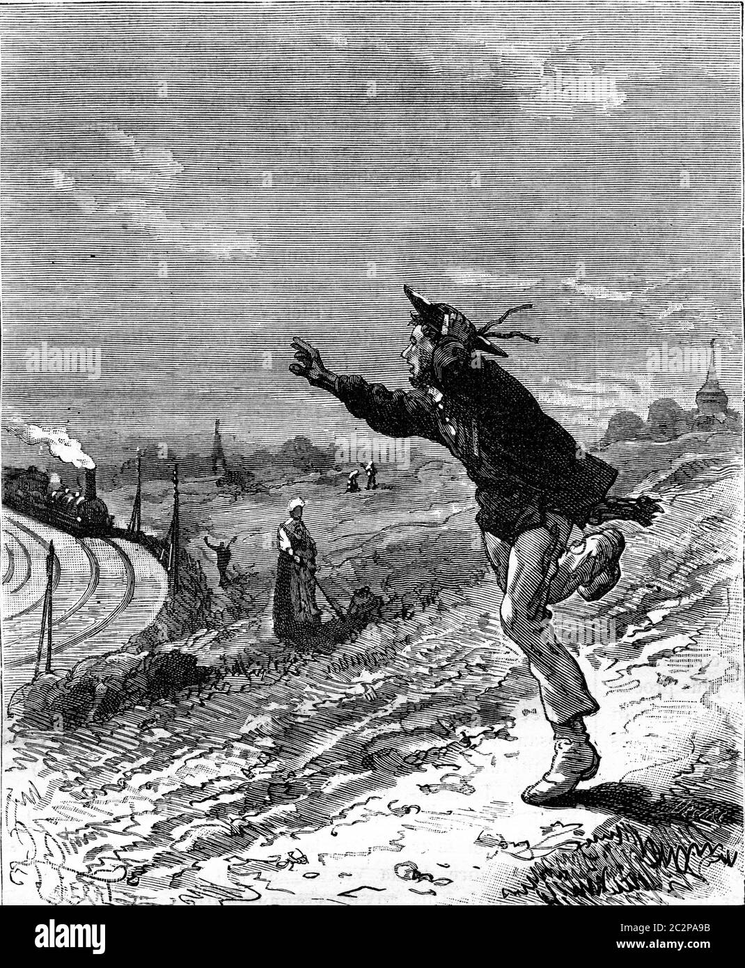 A tour of France with a little boy from Paris. Vent-Debout running after the train. From Travel Diaries, vintage engraving, 1884-85. Stock Photo